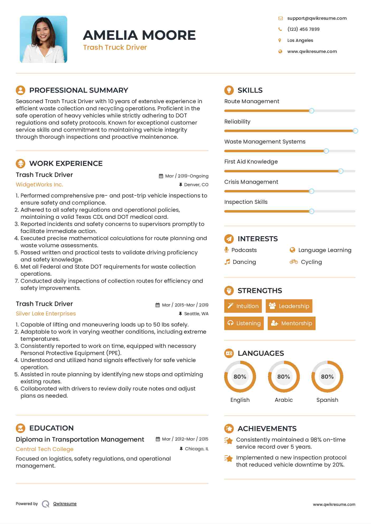 Trash Truck Driver Resume Format