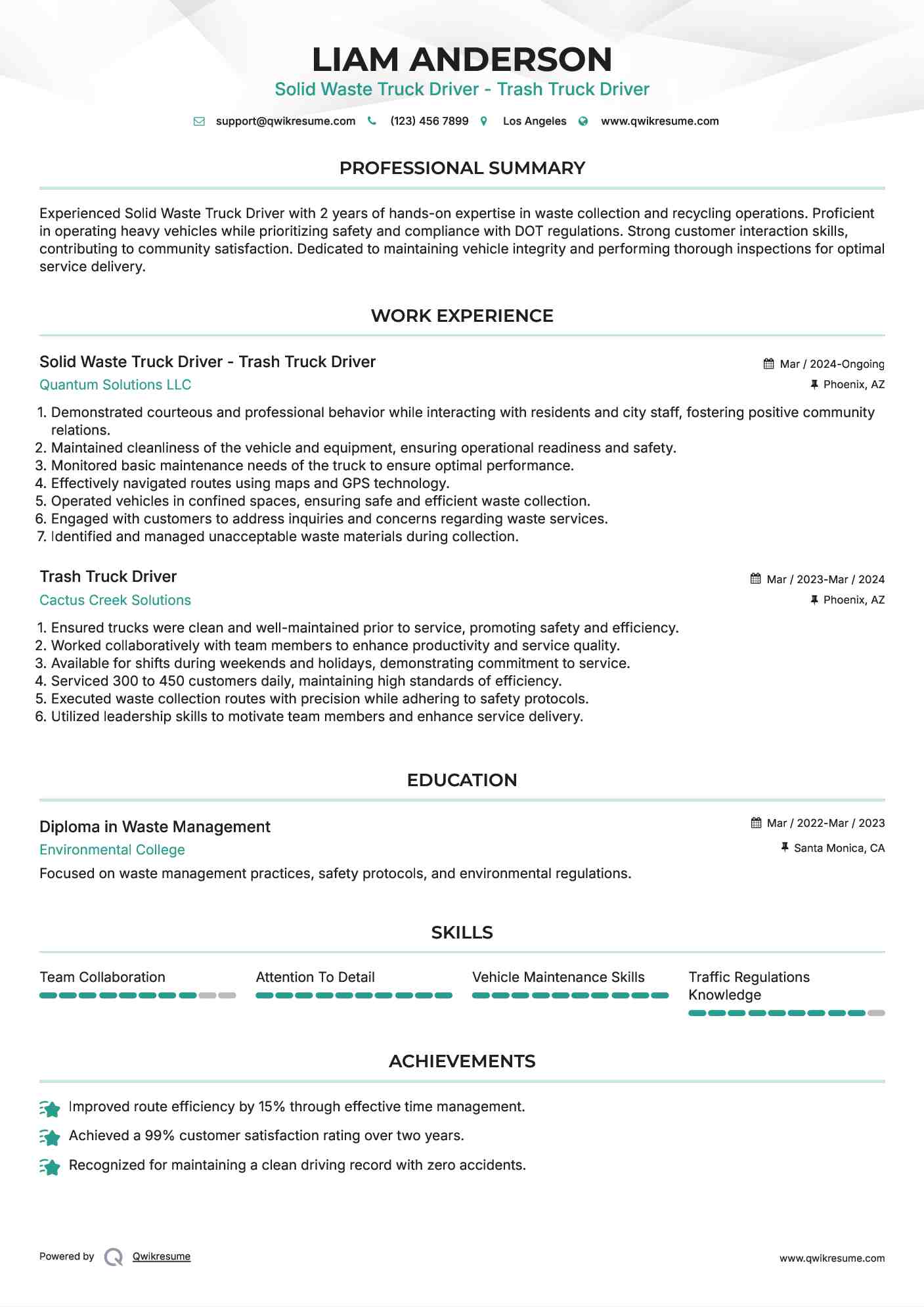 Solid Waste Truck Driver - Trash Truck Driver Resume Format