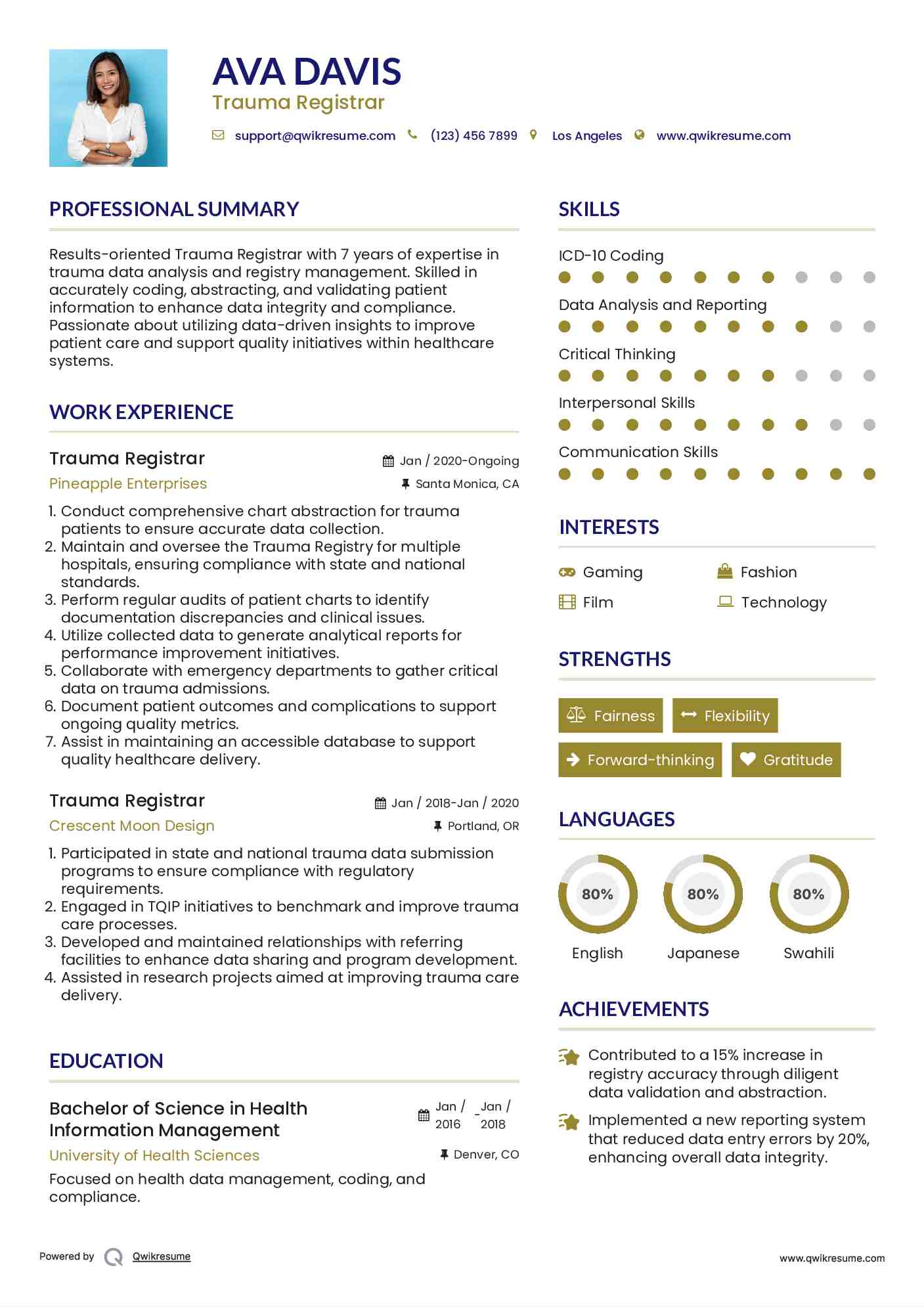 Trauma Registrar Resume Template
