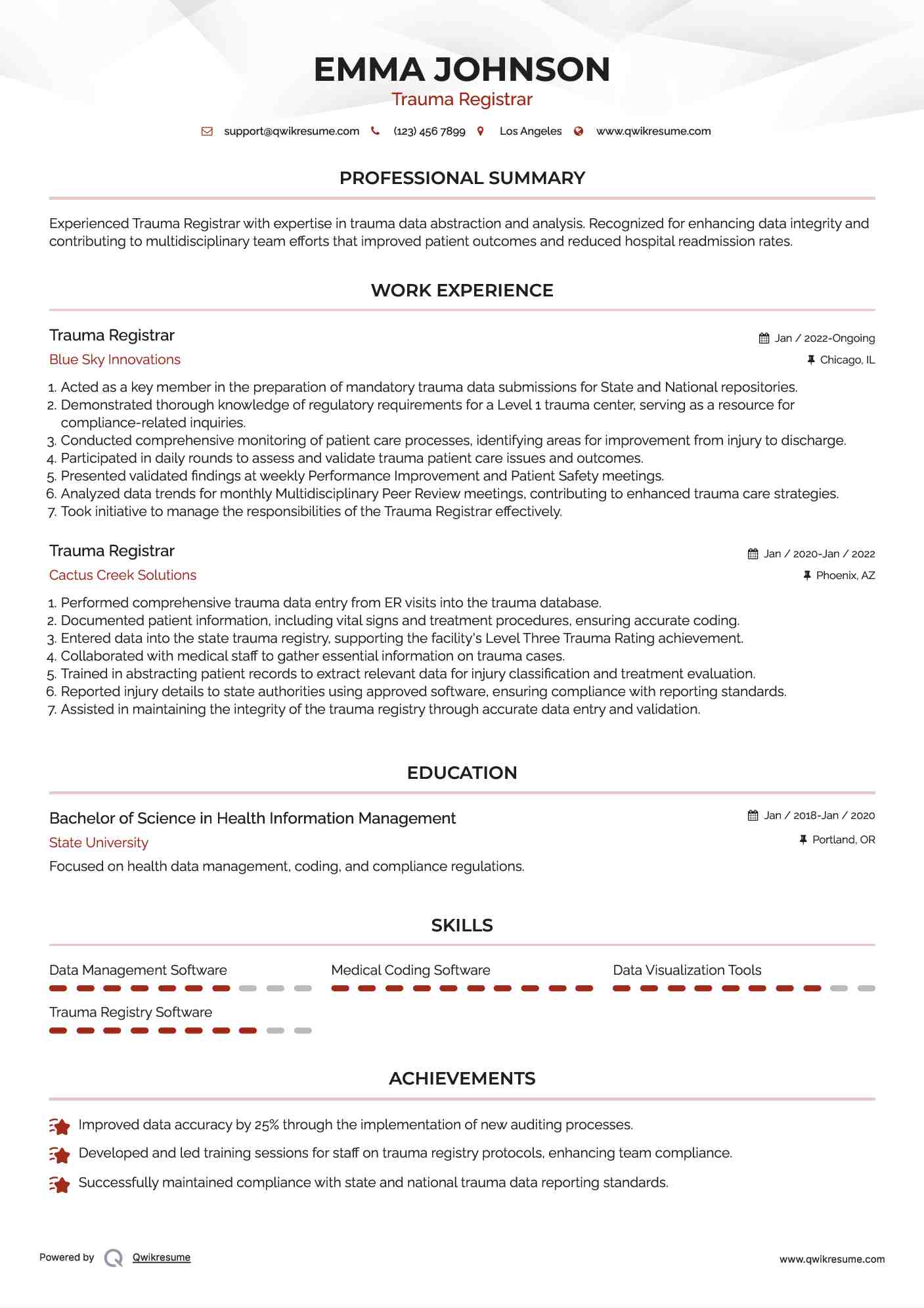 Trauma Registrar Resume Format