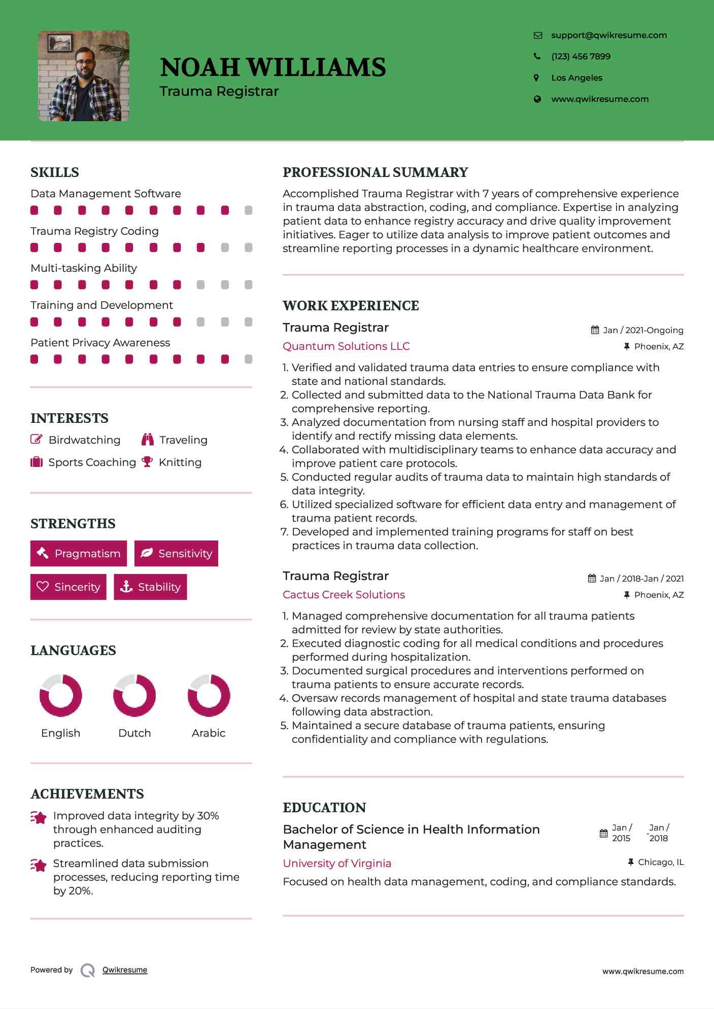 Trauma Registrar Resume Template