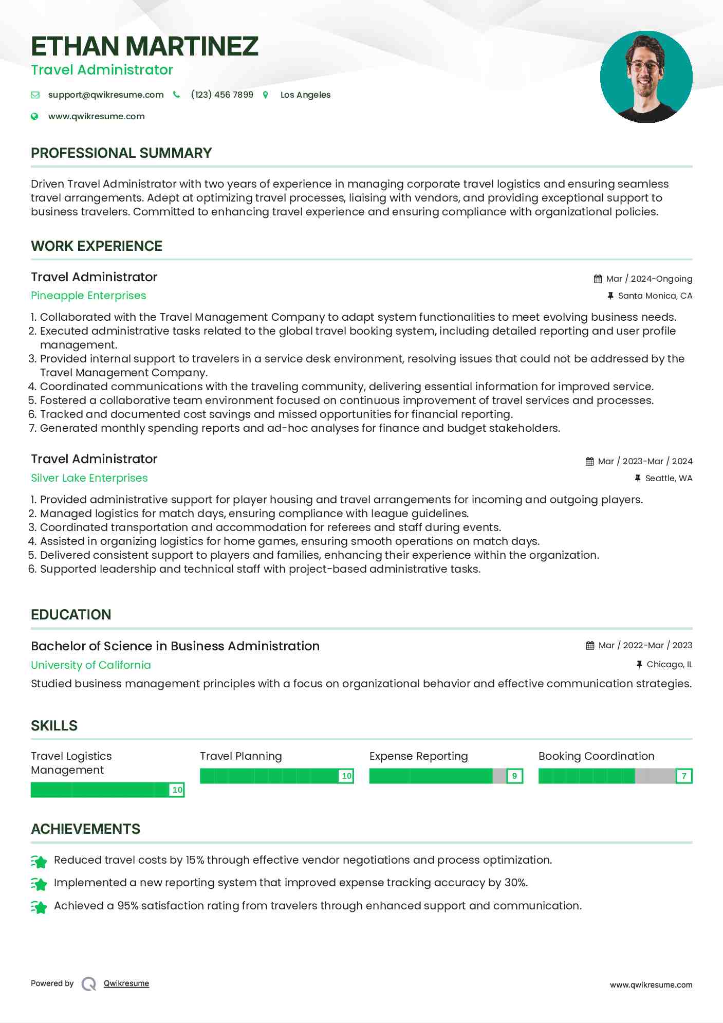 Travel Administrator Resume Template