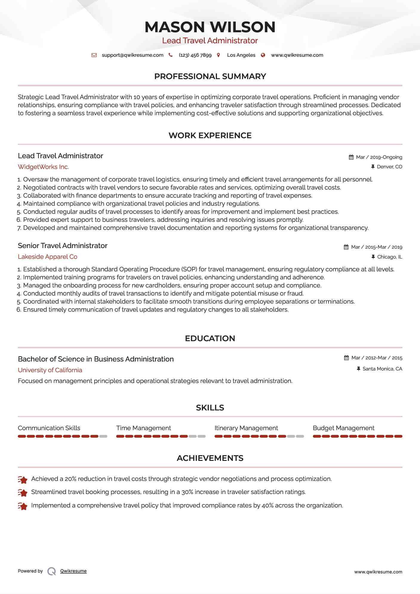 Lead Travel Administrator Resume Template