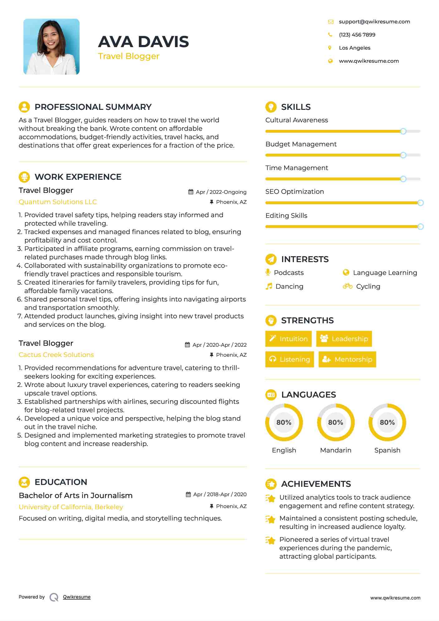 Travel Blogger Resume Format
