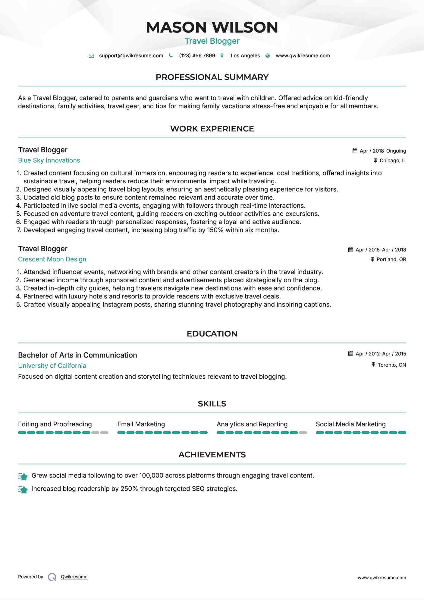 Travel Blogger Resume Sample