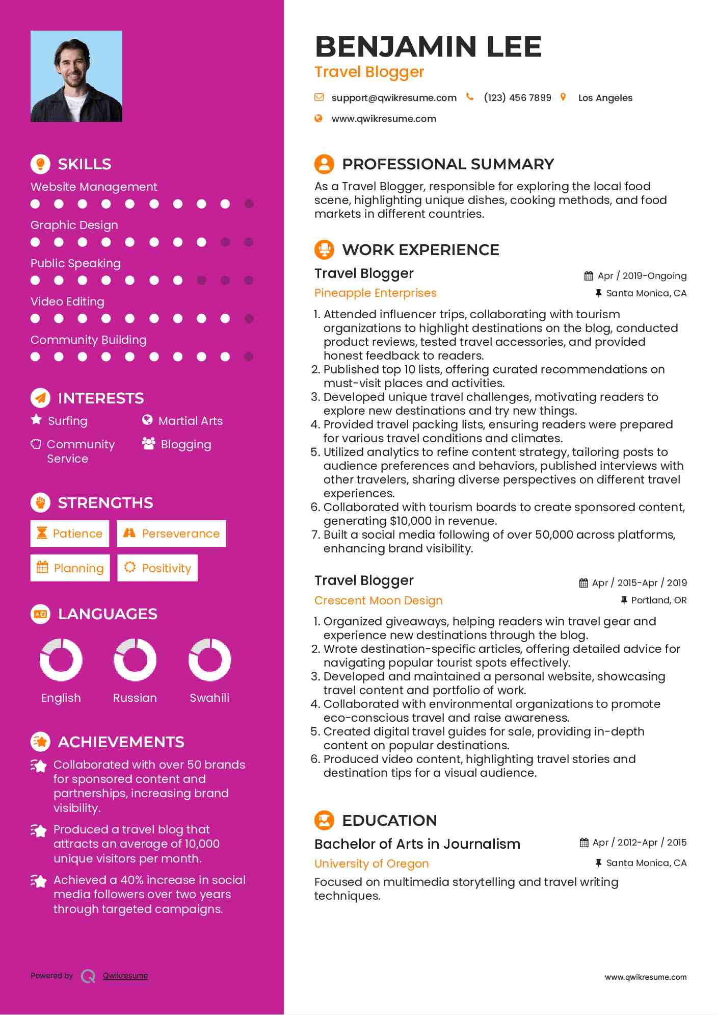 Travel Blogger Resume Template