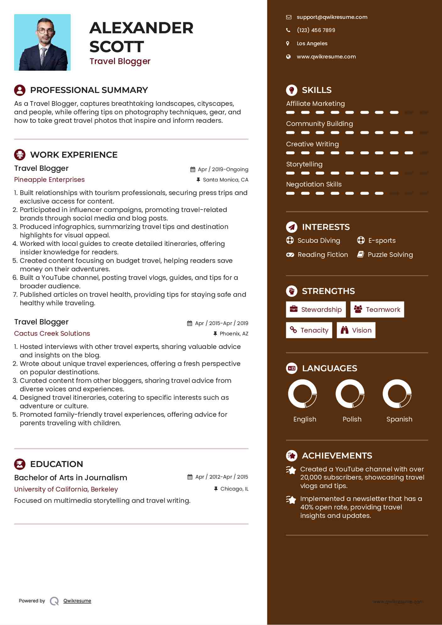 Travel Blogger Resume Model