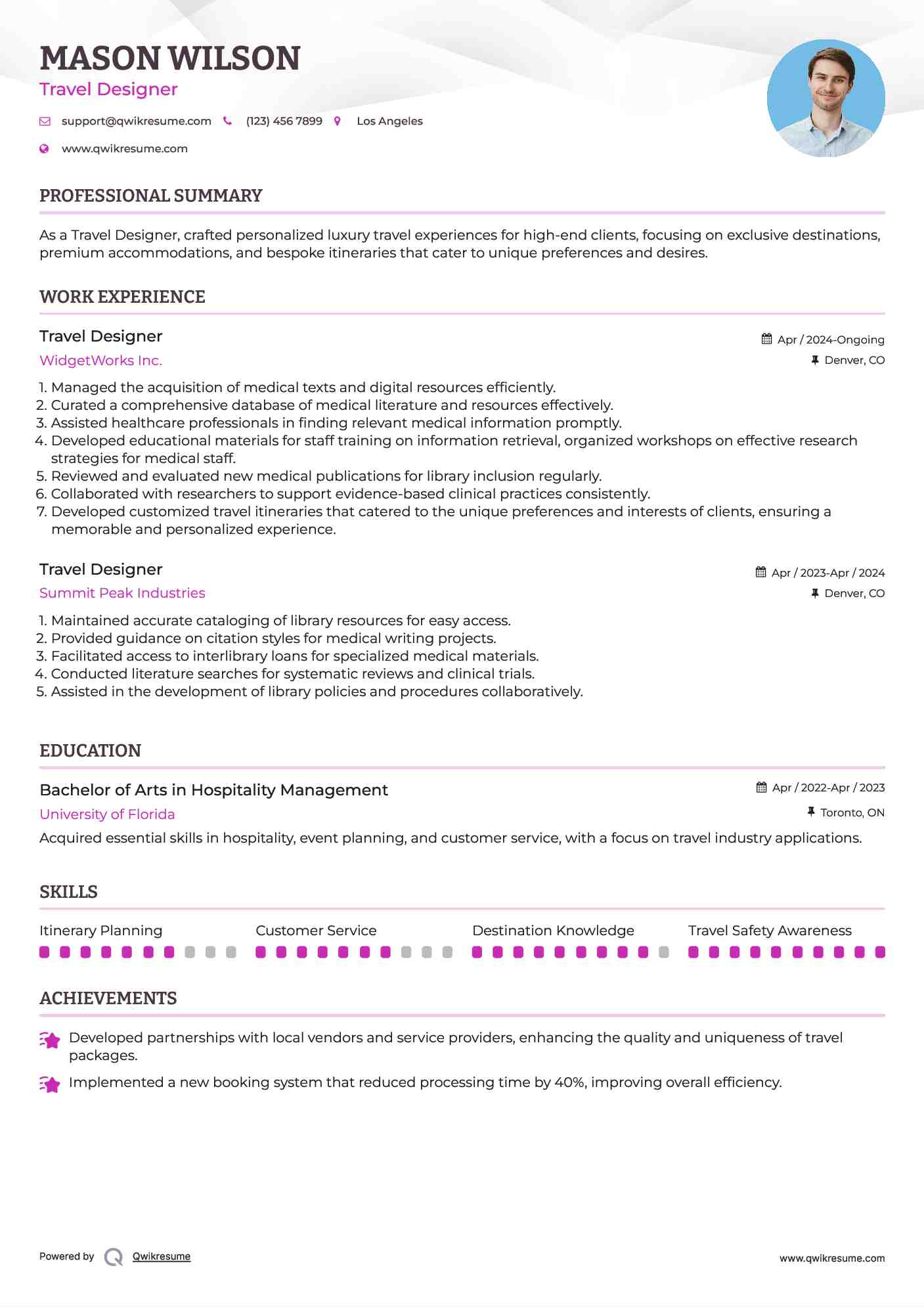 Travel Designer Resume Sample