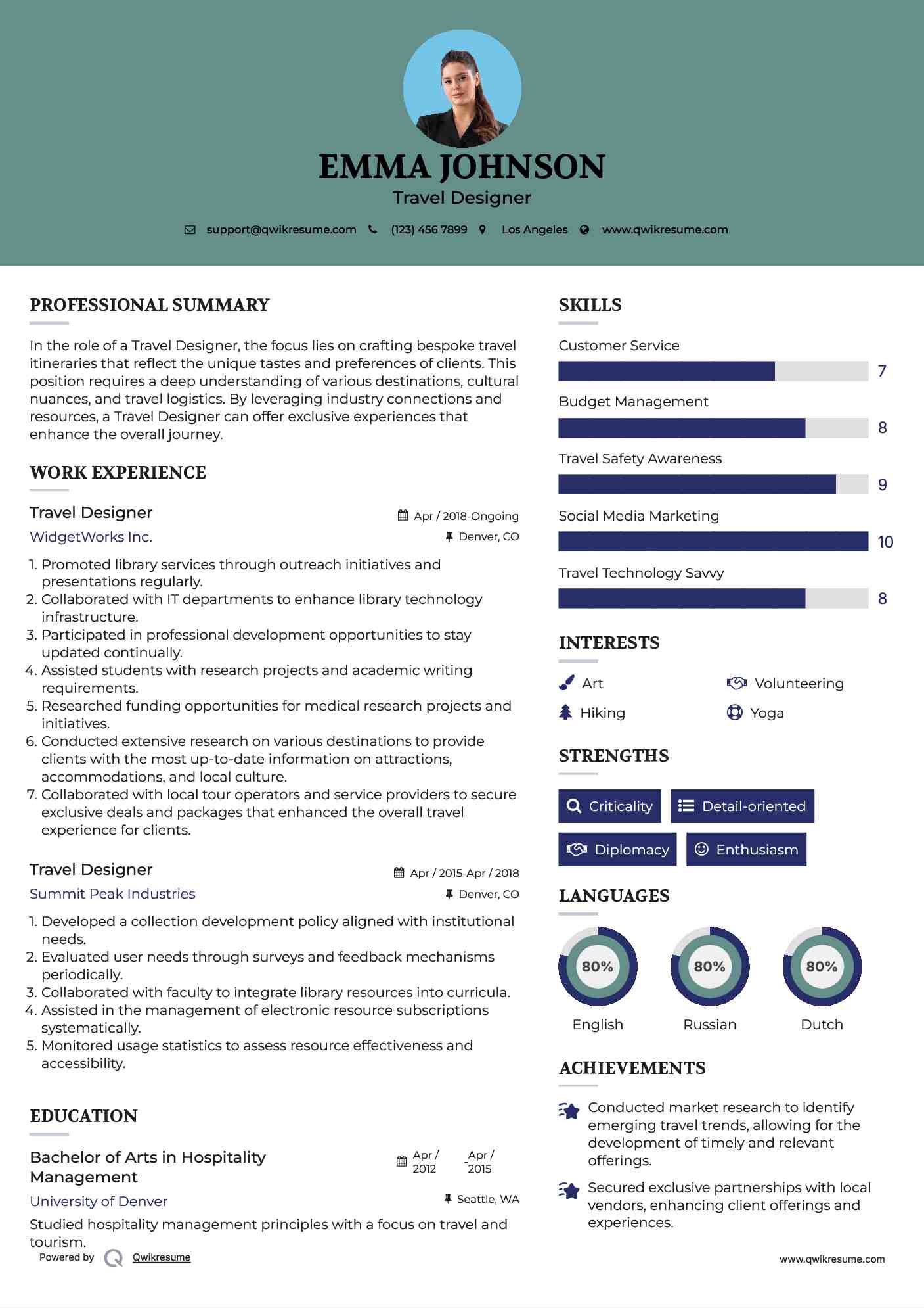 Travel Designer Resume Sample