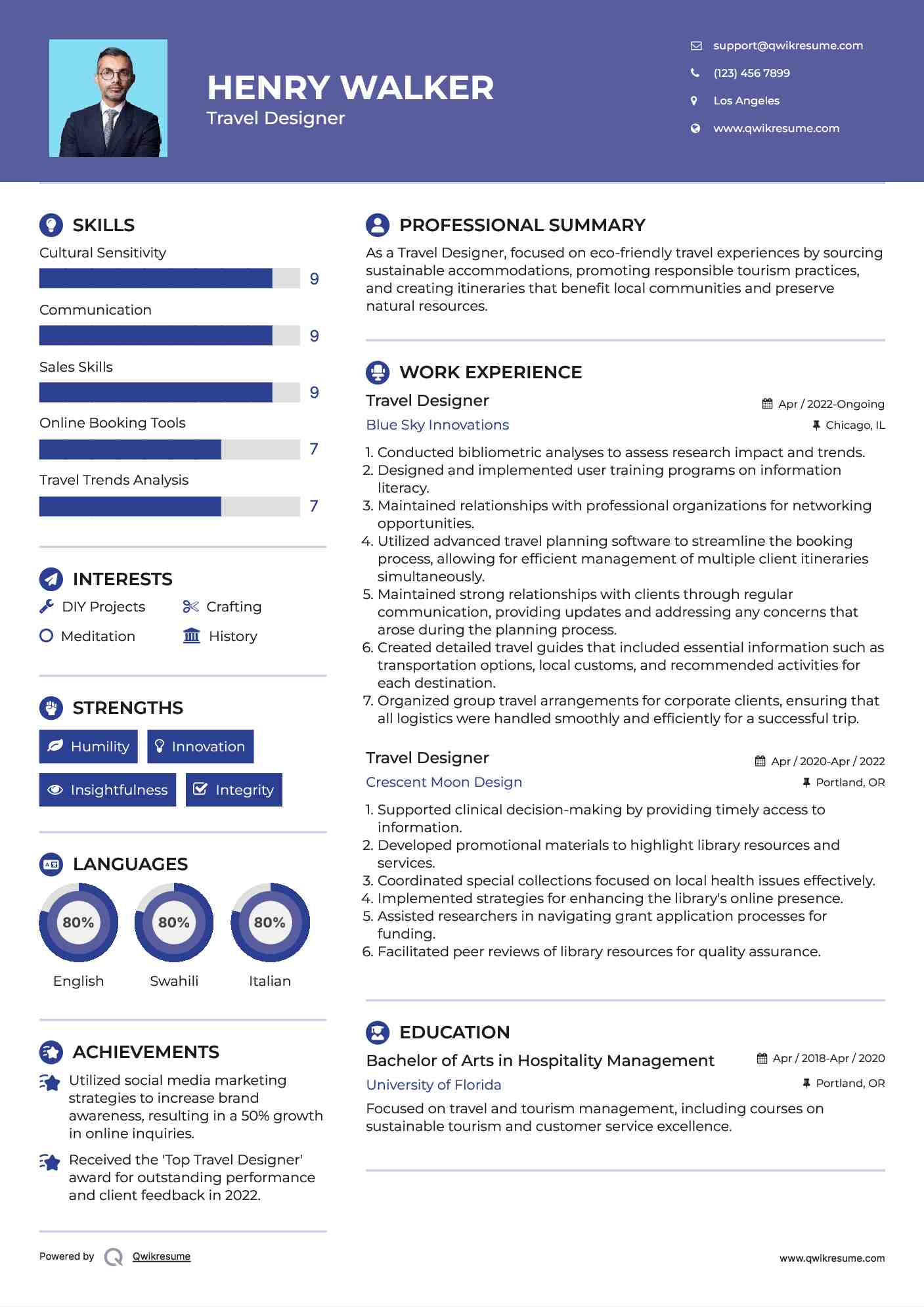 Travel Designer Resume Model