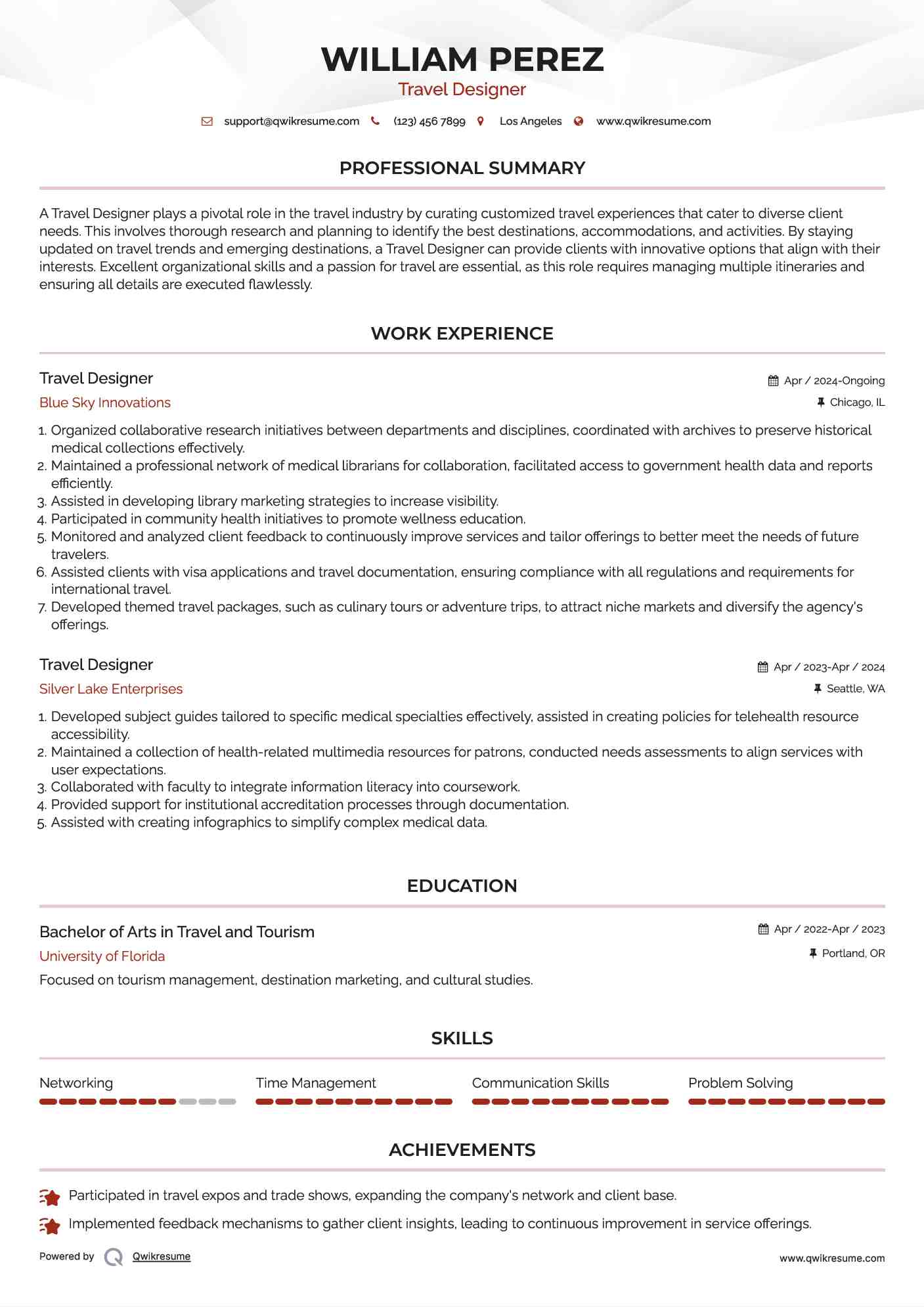 Travel Designer Resume Format