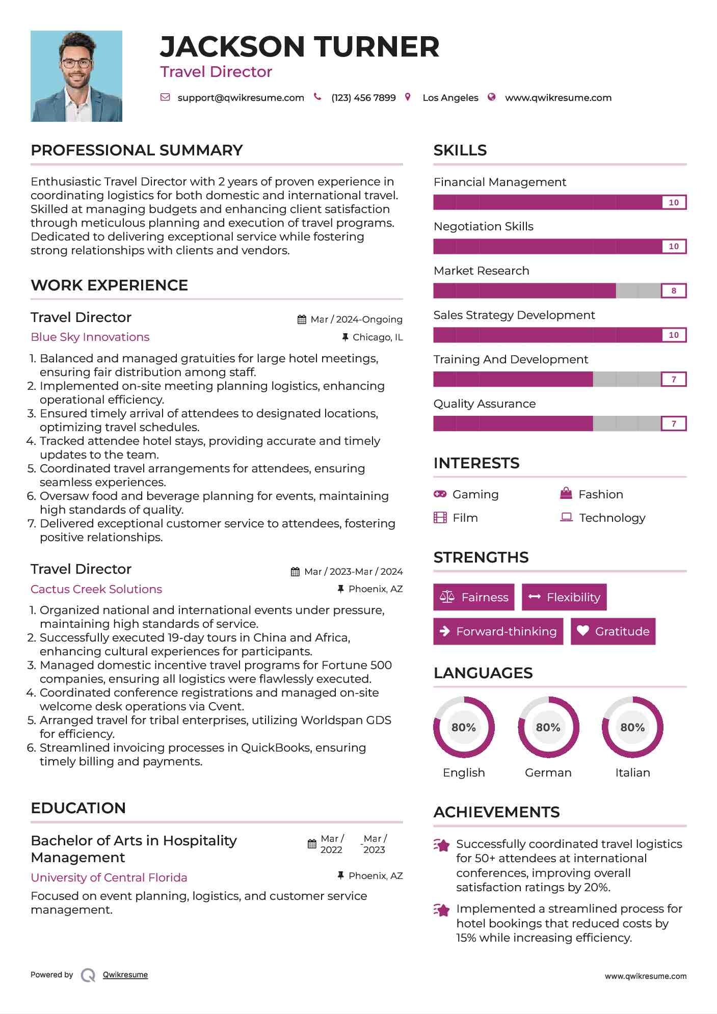 Travel Director Resume Samples QwikResume