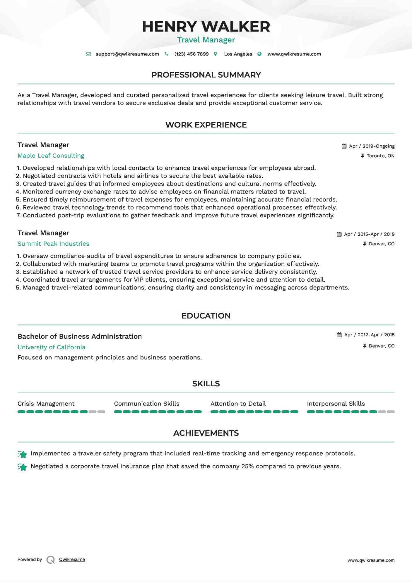 Travel Manager Resume Example