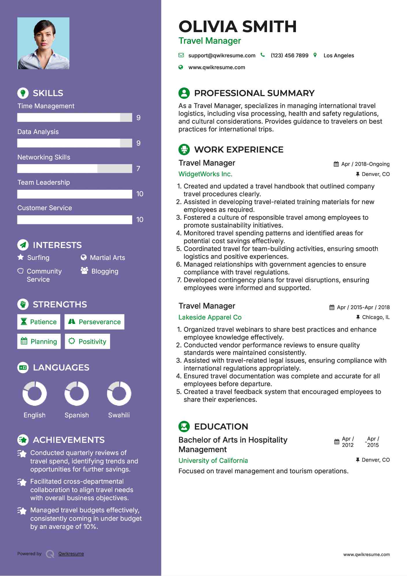 Travel Manager Resume Example