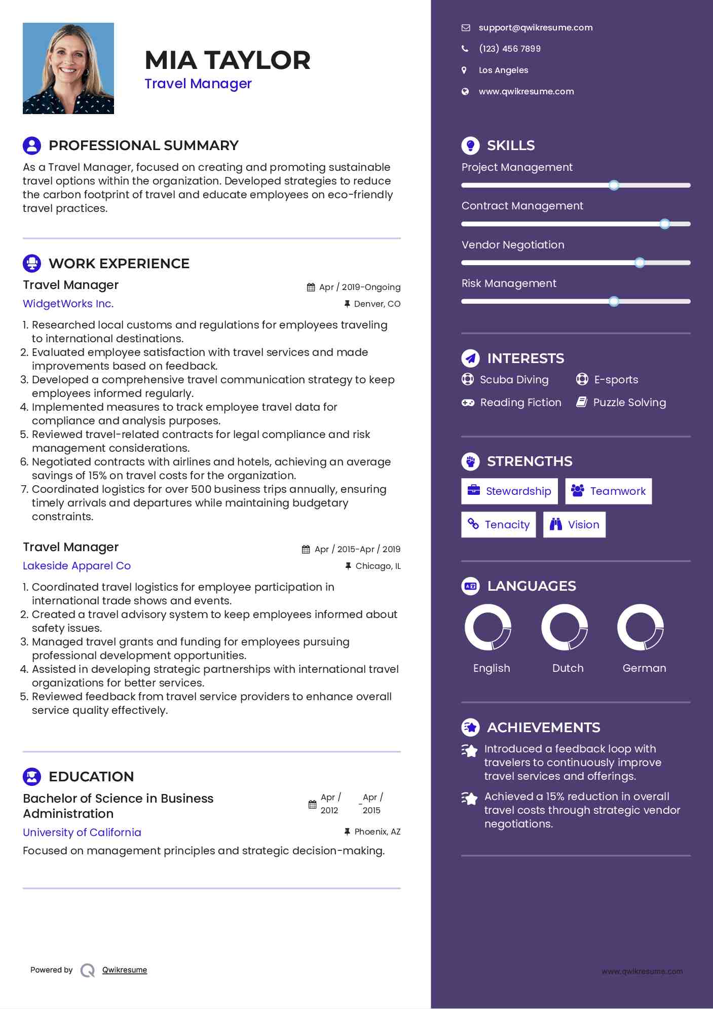 Travel Manager Resume Sample