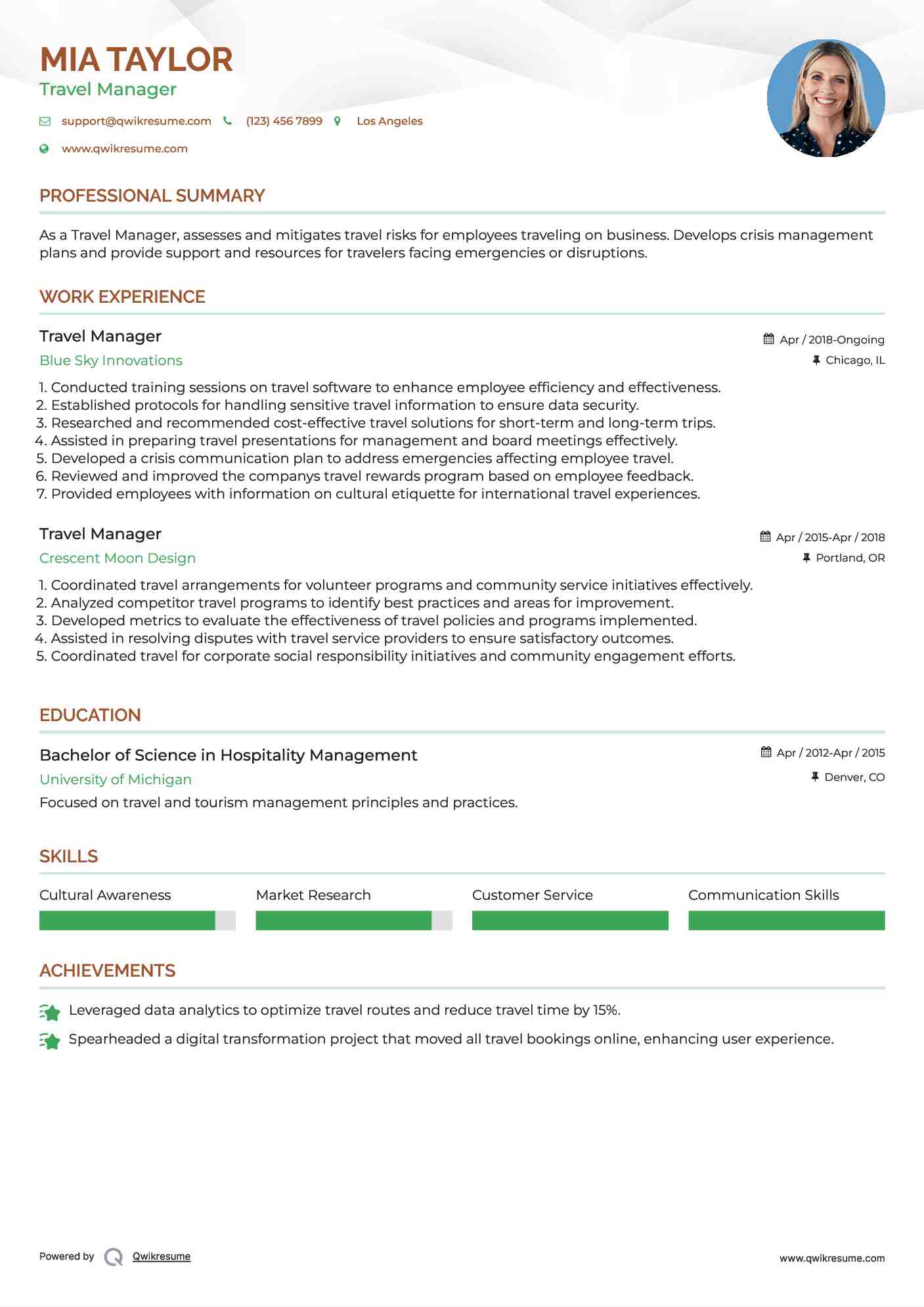 Travel Manager Resume Sample