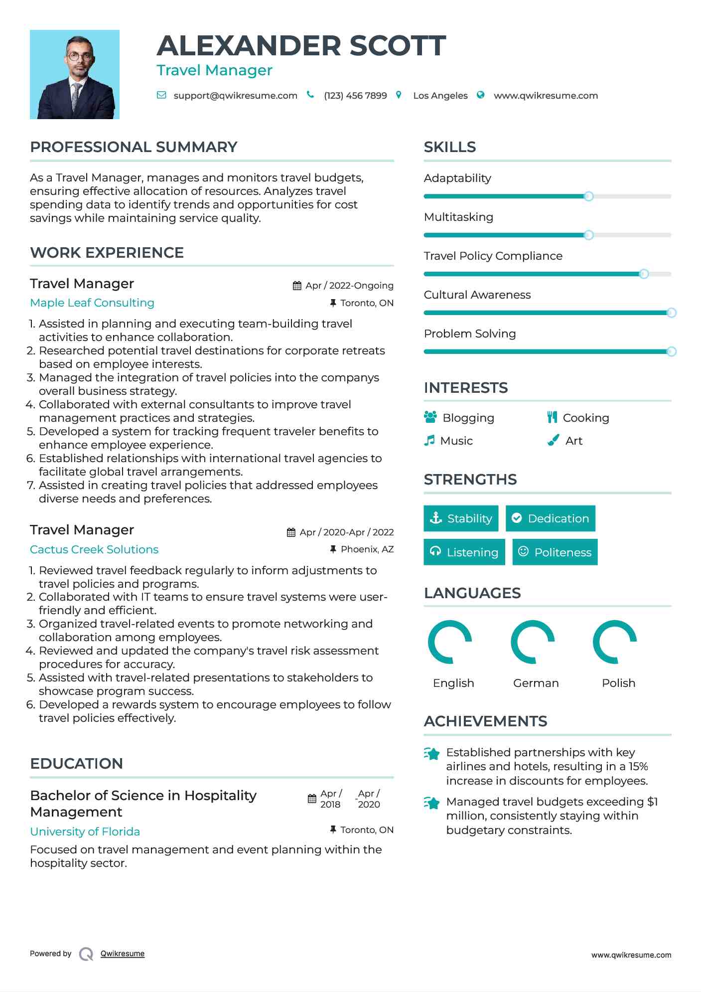 Travel Manager Resume Sample