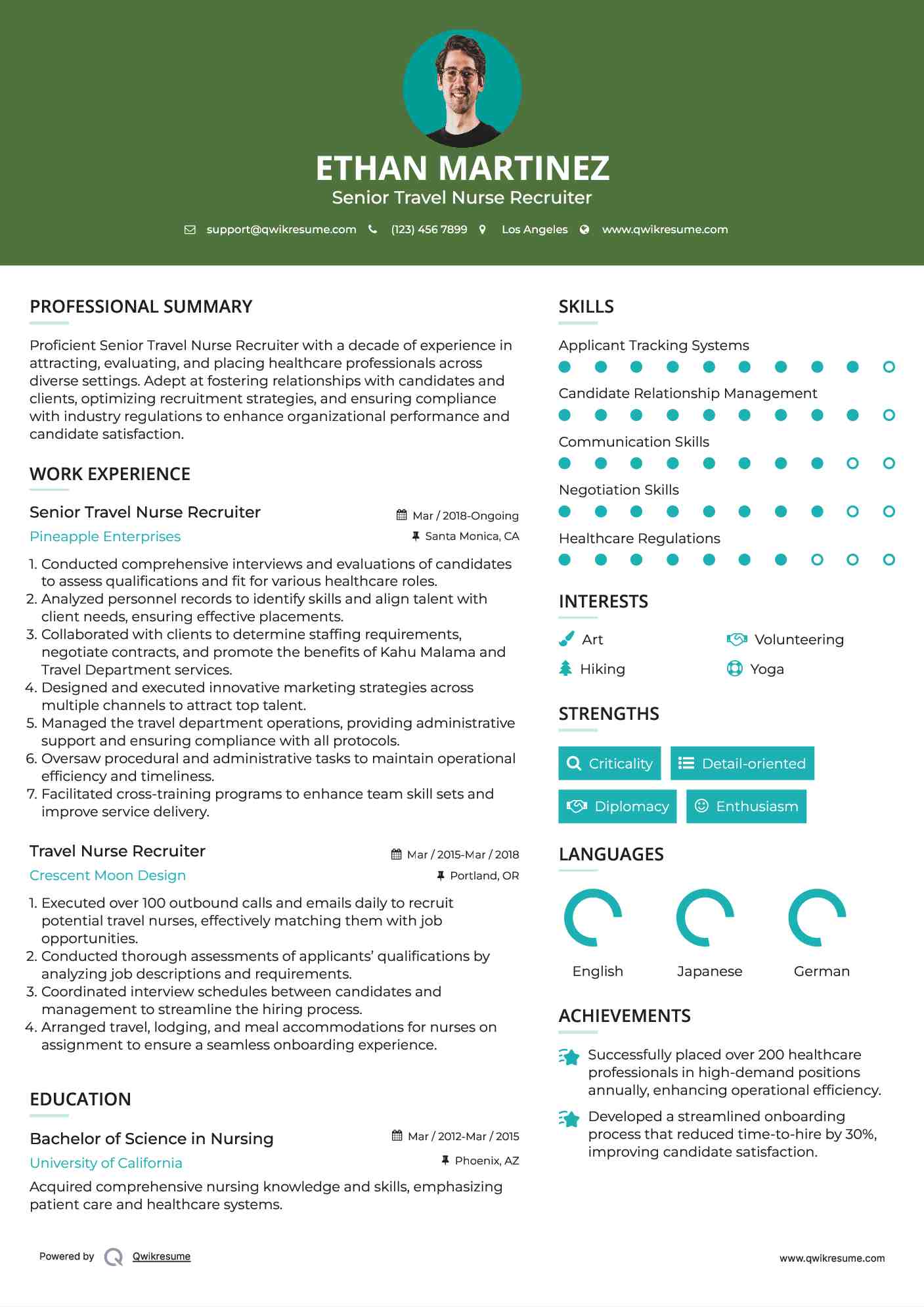 Senior Travel Nurse Recruiter Resume Model