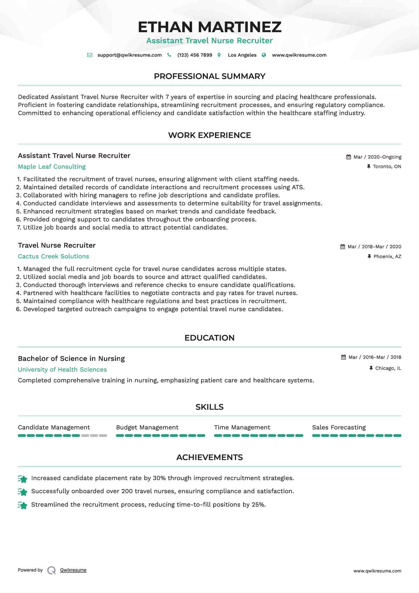 Assistant Travel Nurse Recruiter Resume Sample