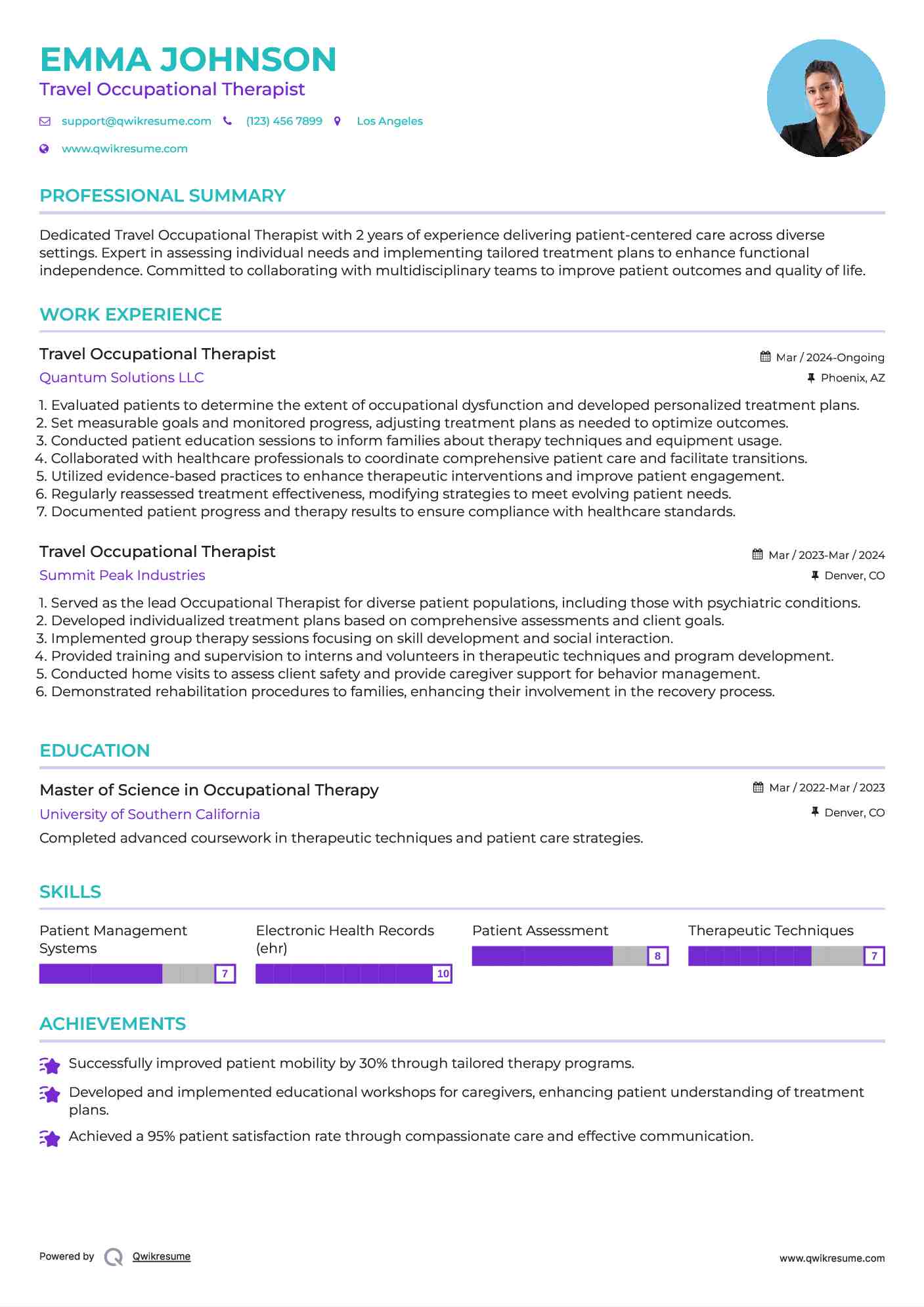Travel Occupational Therapist Resume Sample