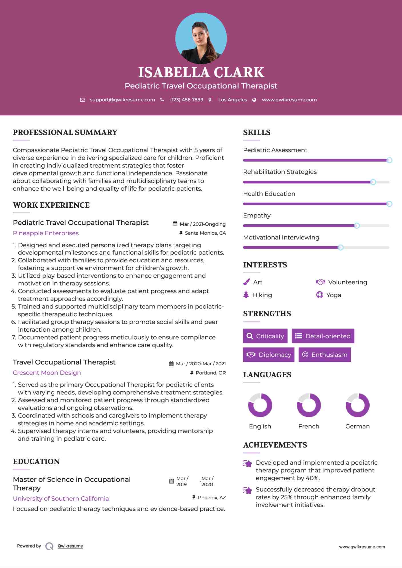Pediatric Travel Occupational Therapist Resume Model