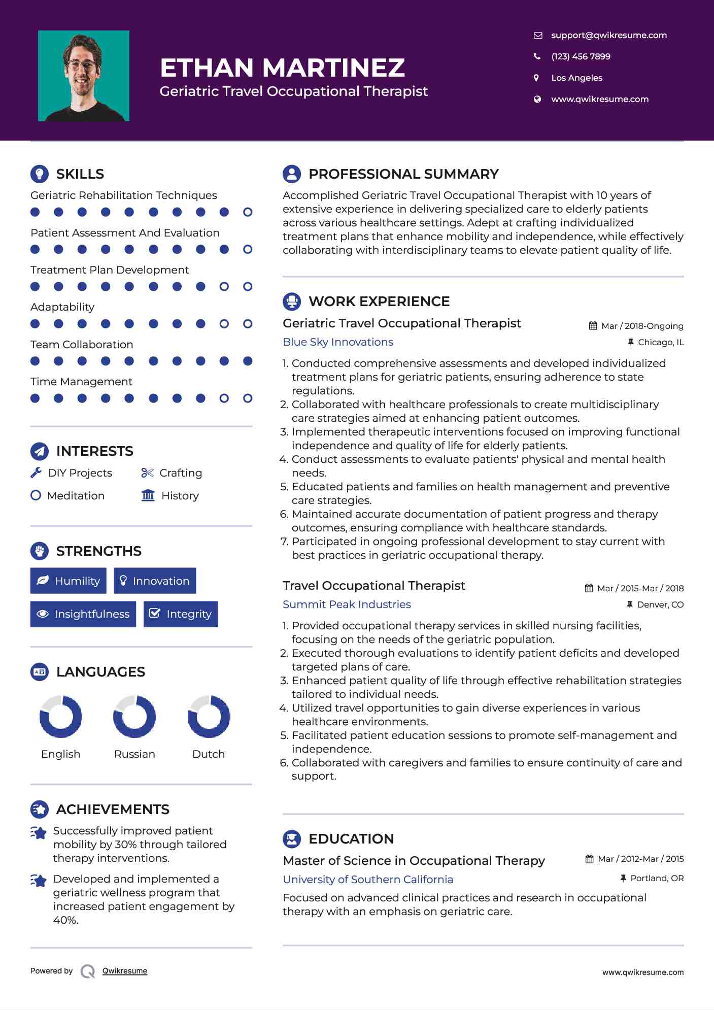 Geriatric Travel Occupational Therapist Resume Model