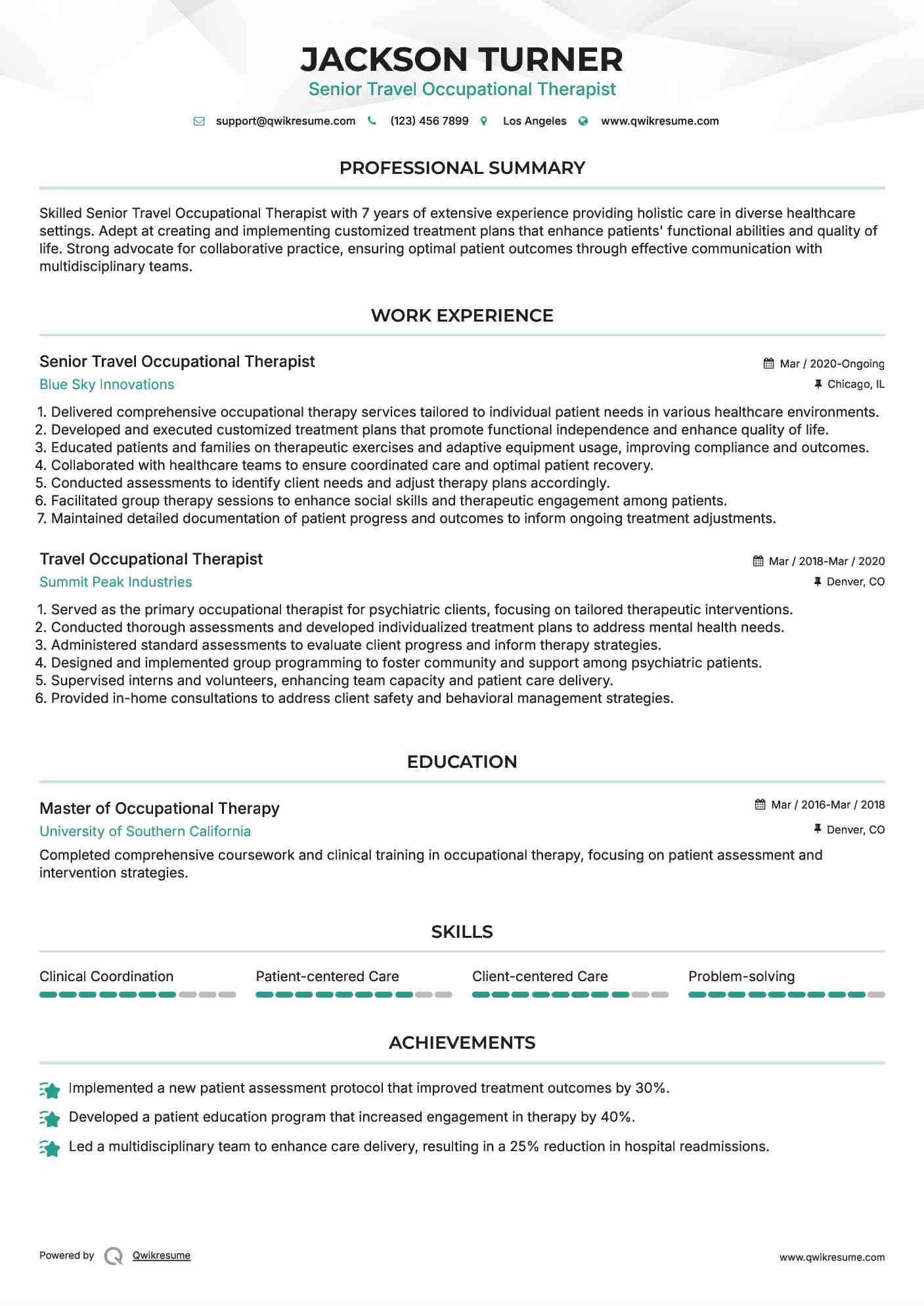 Senior Travel Occupational Therapist Resume Format