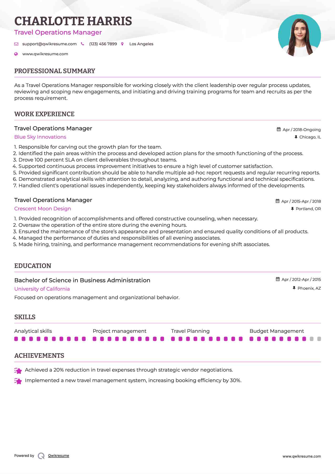 Travel Operations Manager Resume Model