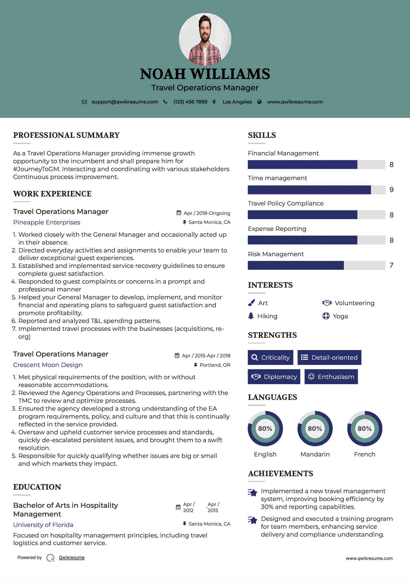 Travel Operations Manager Resume Format