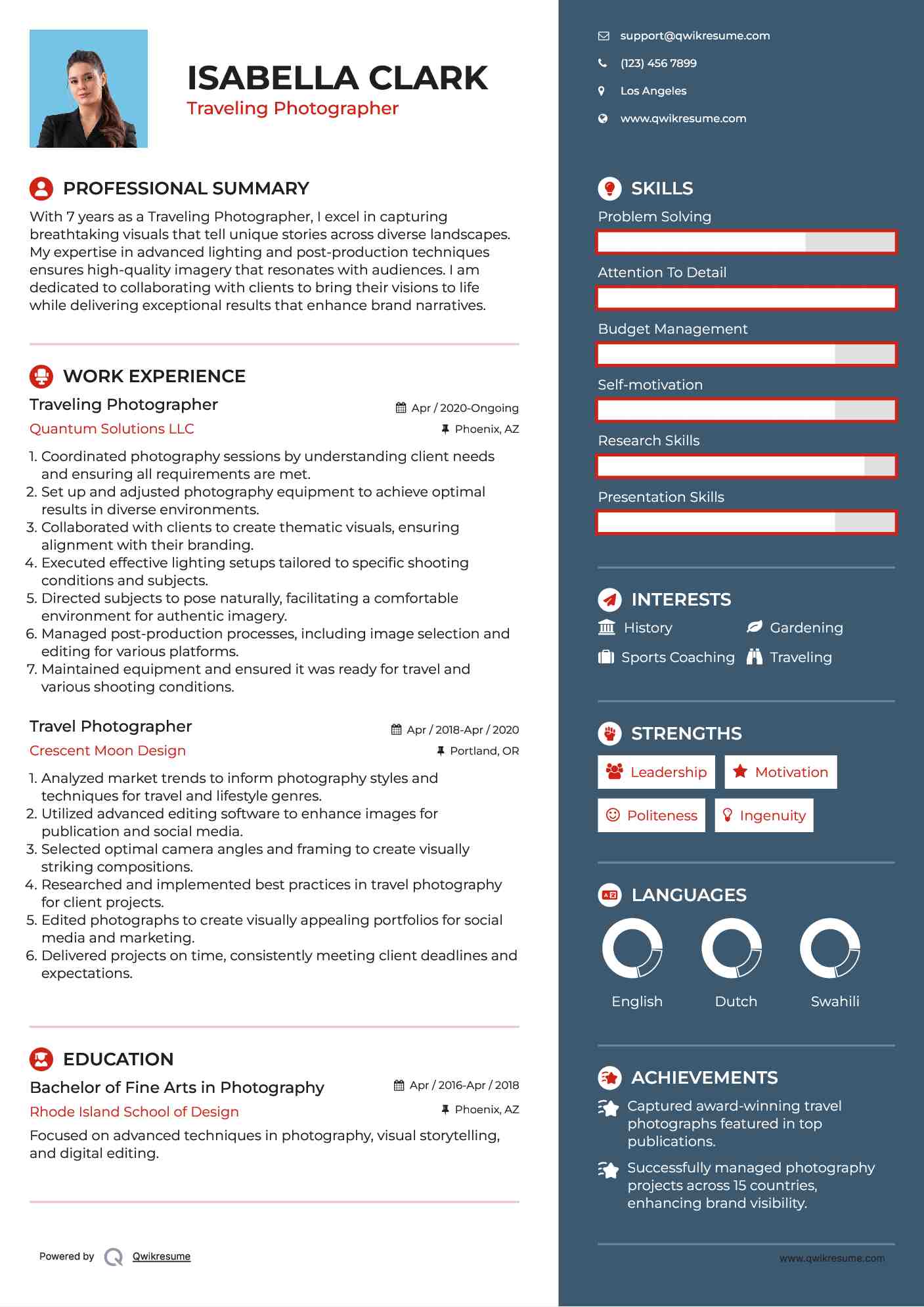 Traveling Photographer Resume Sample