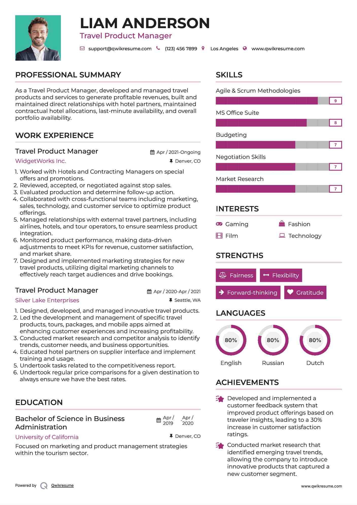 Travel Product Manager Resume Format