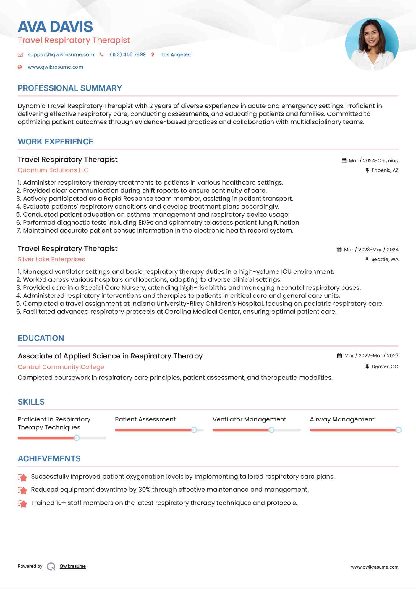 Travel Respiratory Therapist Resume Model