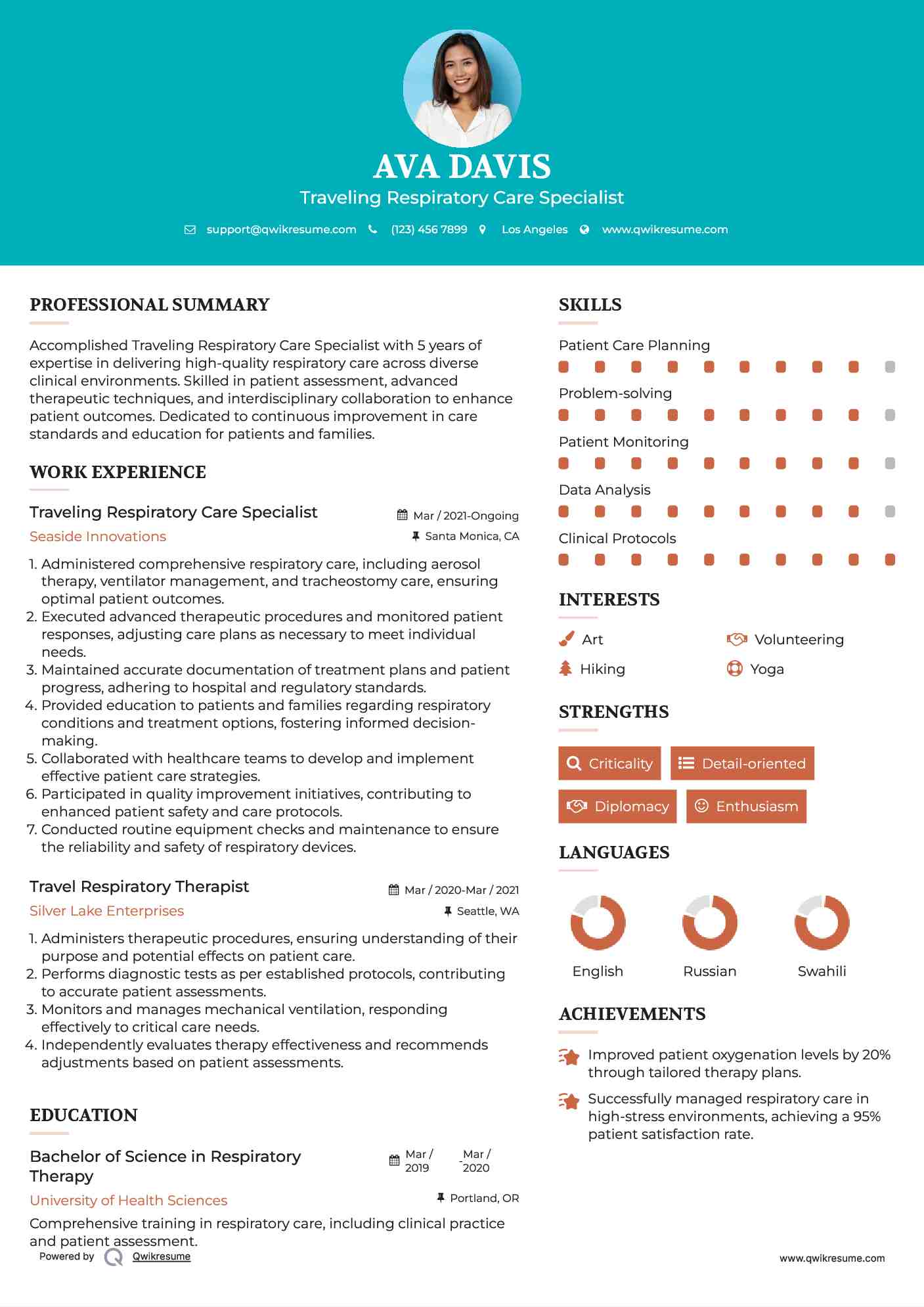 Traveling Respiratory Care Specialist Resume Sample