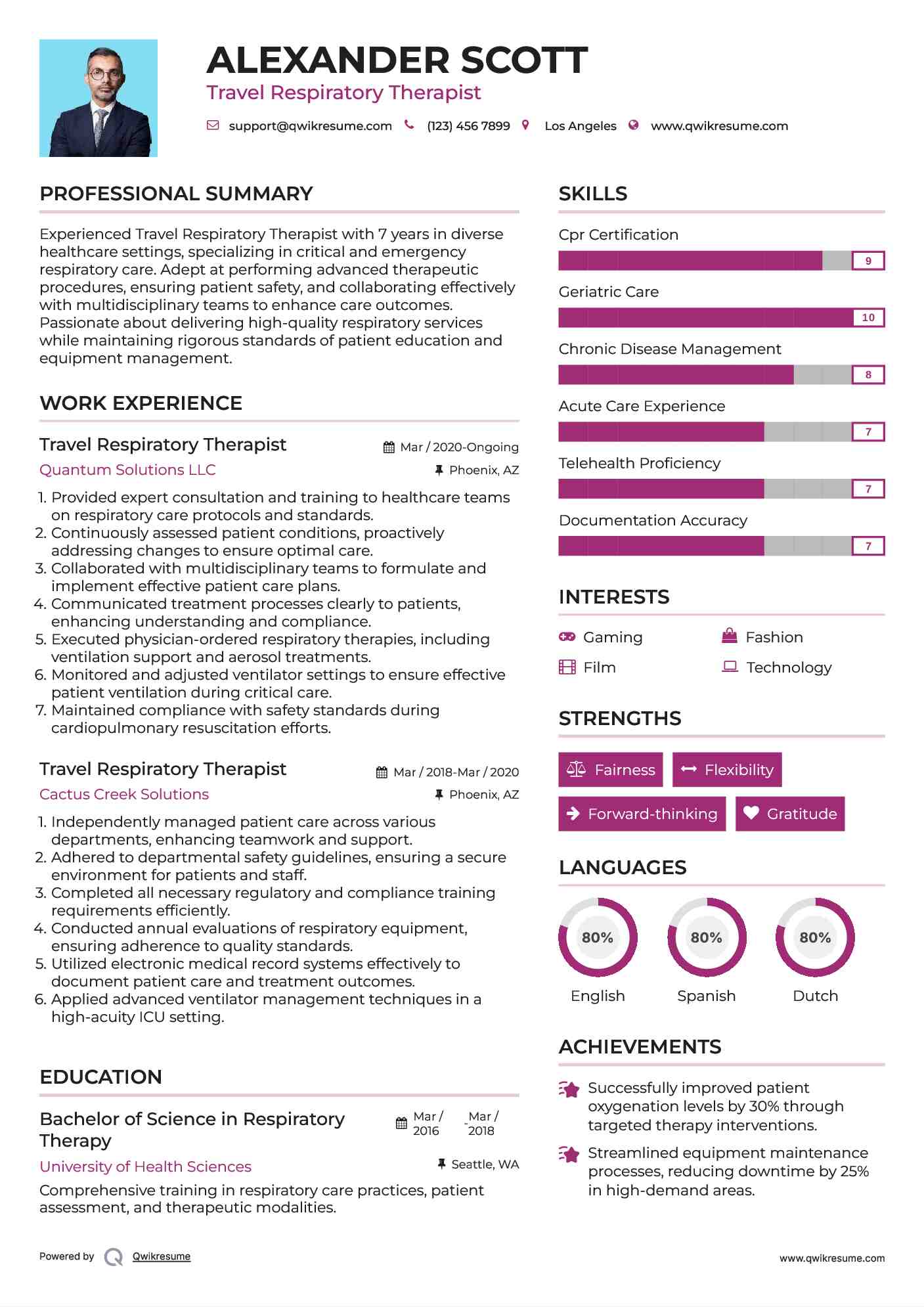 Travel Respiratory Therapist Resume Model