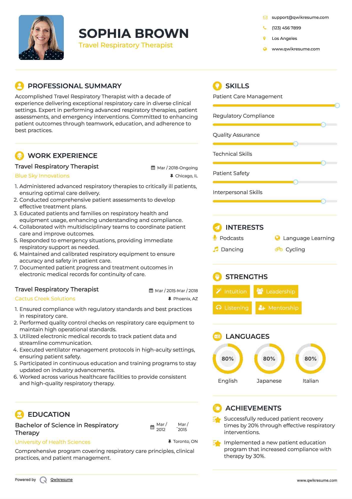 Travel Respiratory Therapist Resume Example