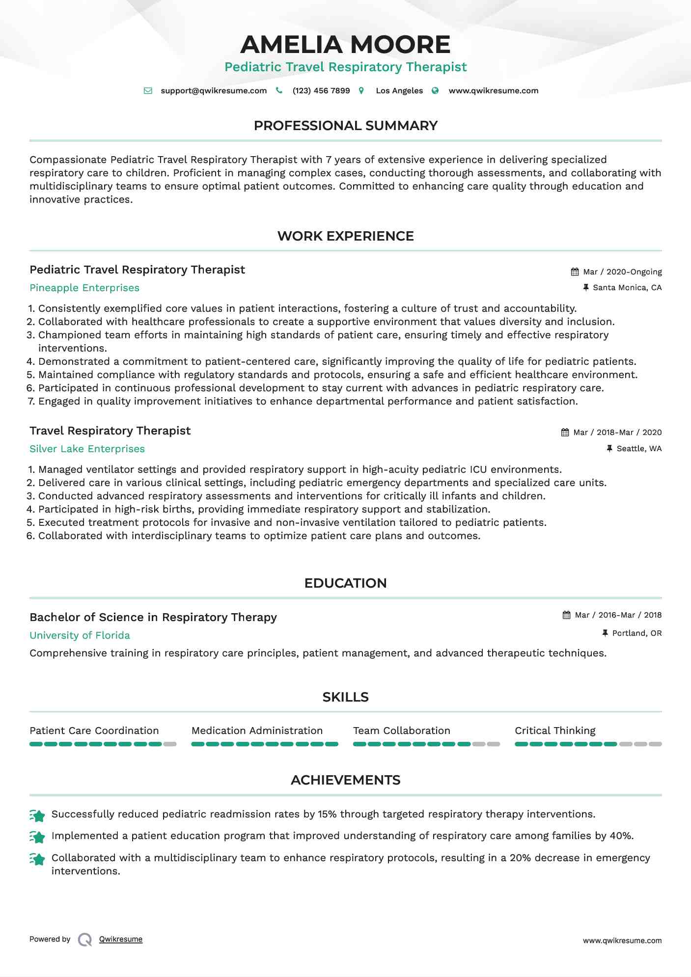 Pediatric Travel Respiratory Therapist Resume Example