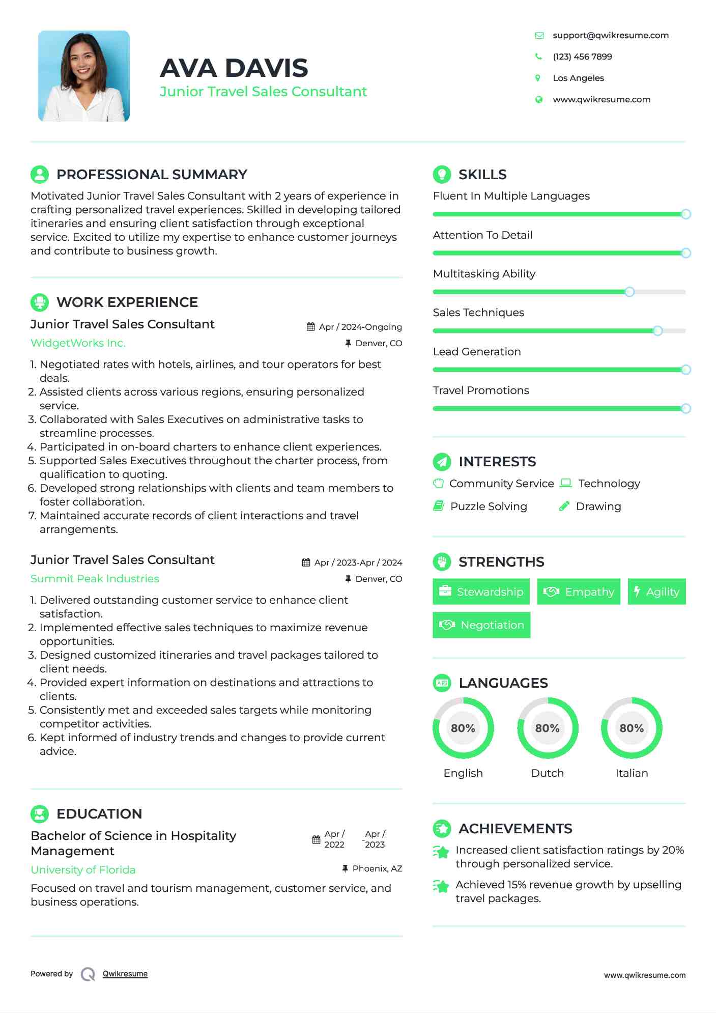 Junior Travel Sales Consultant Resume Example