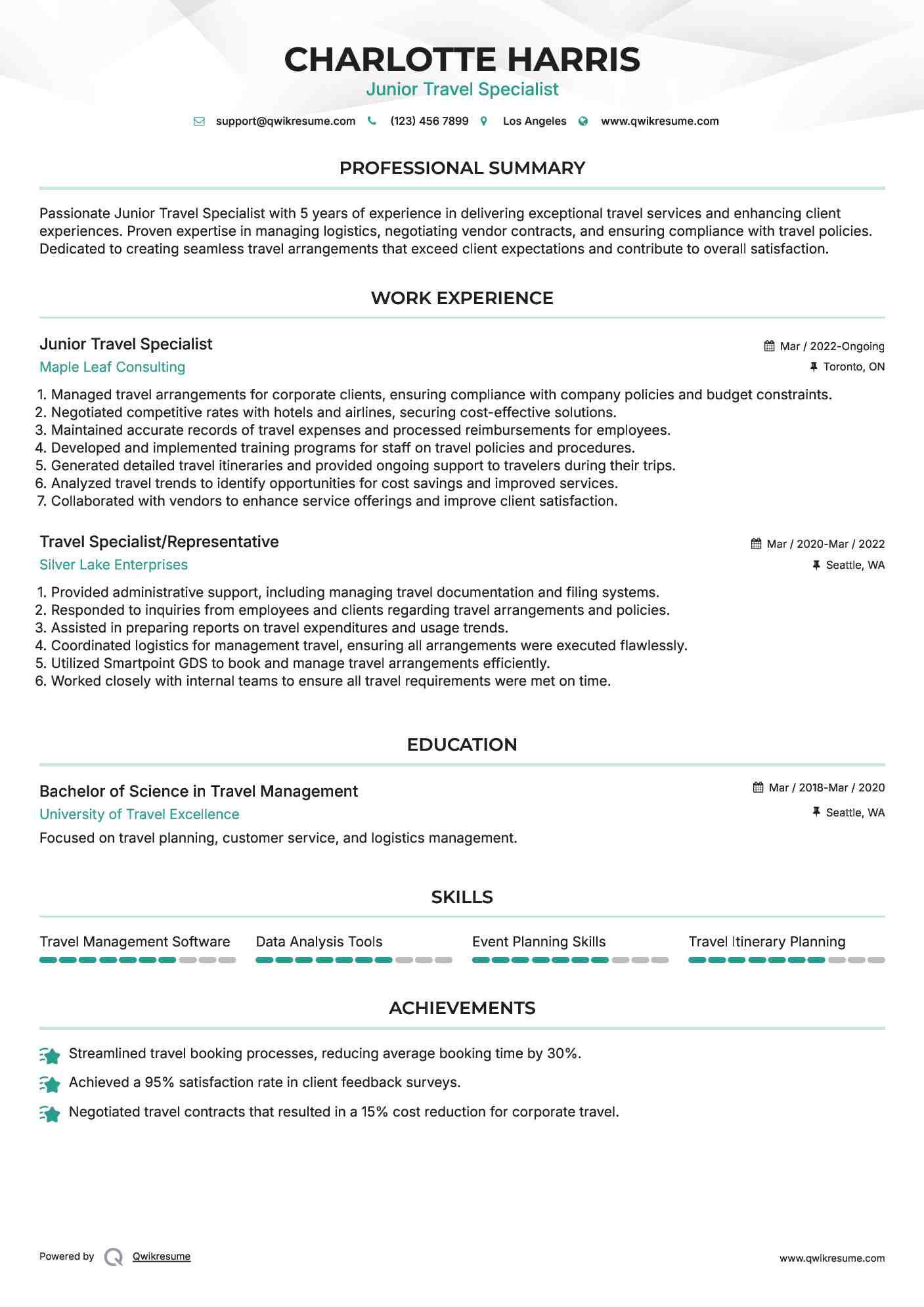Junior Travel Specialist Resume Format