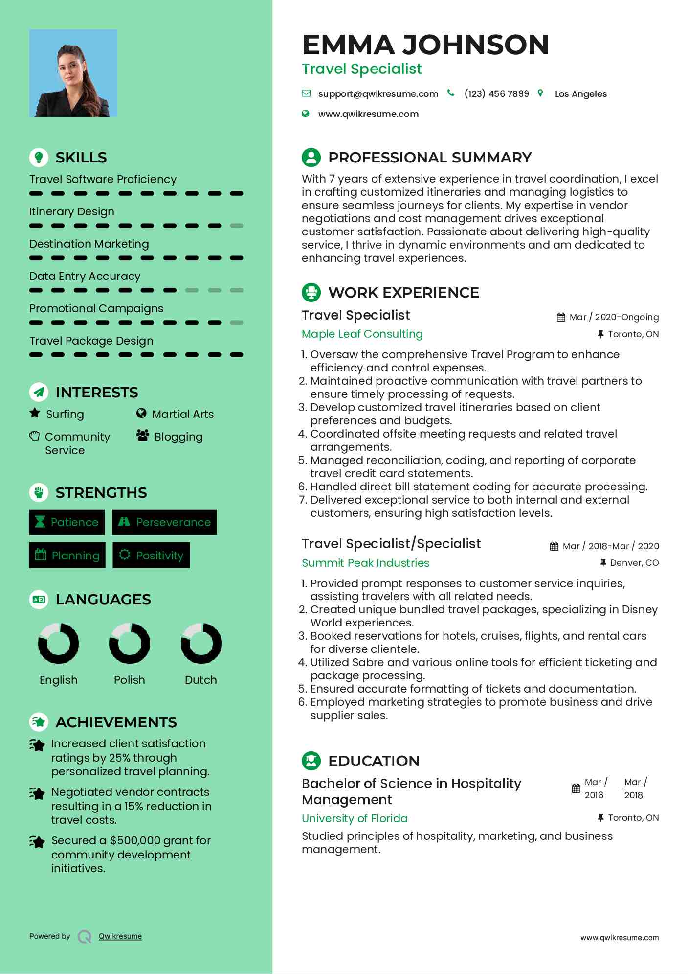 Travel Specialist Resume Sample