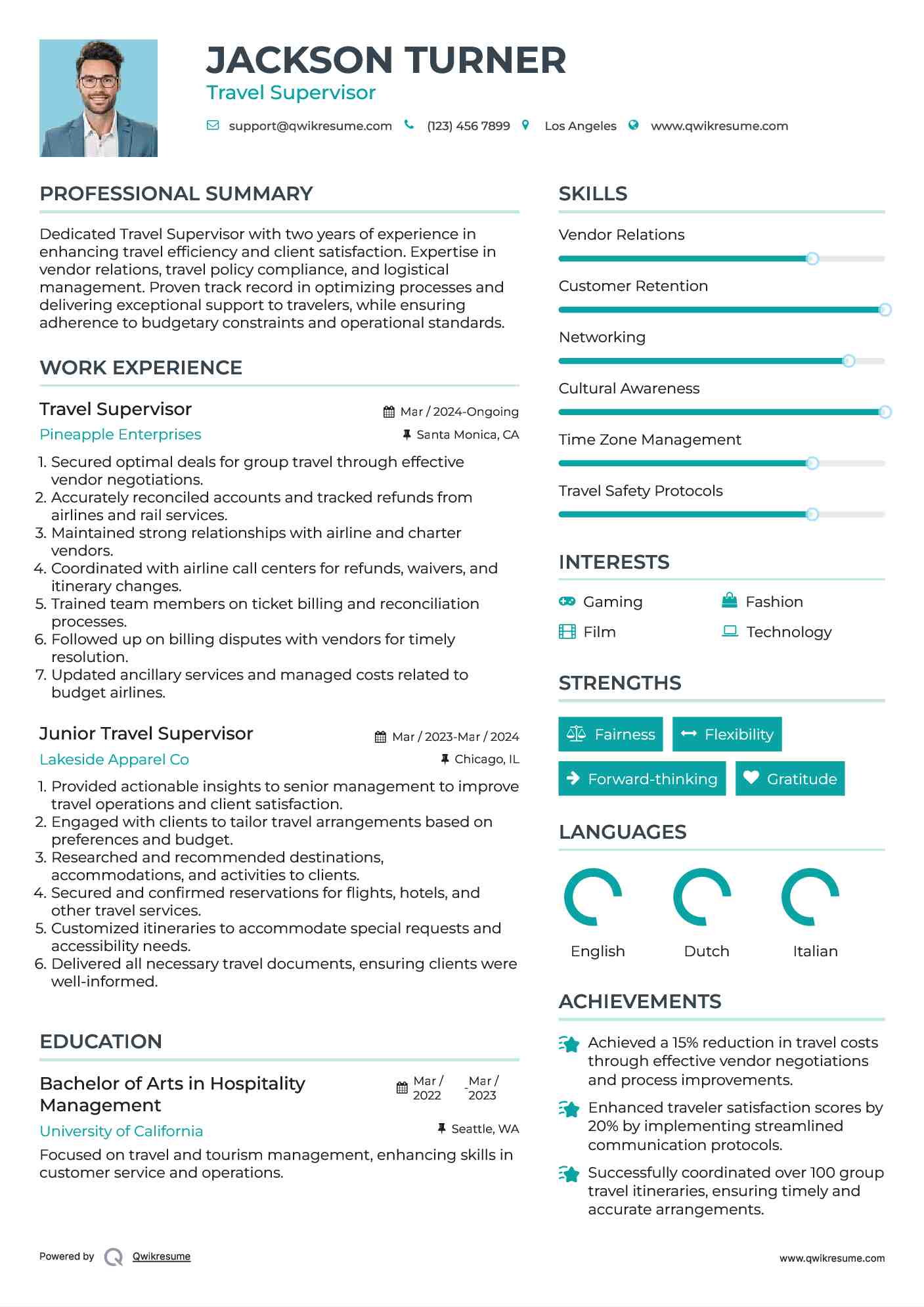 Travel Supervisor Resume Model