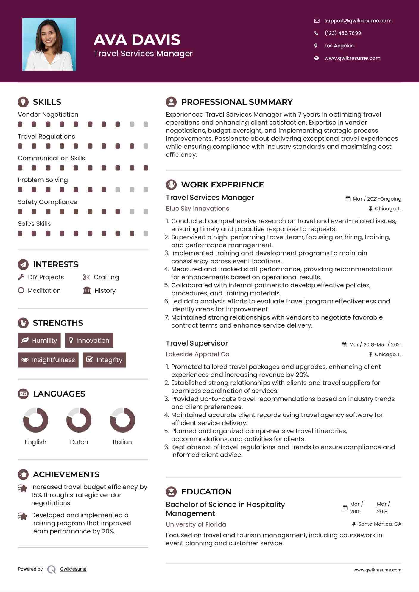 Travel Services Manager Resume Format