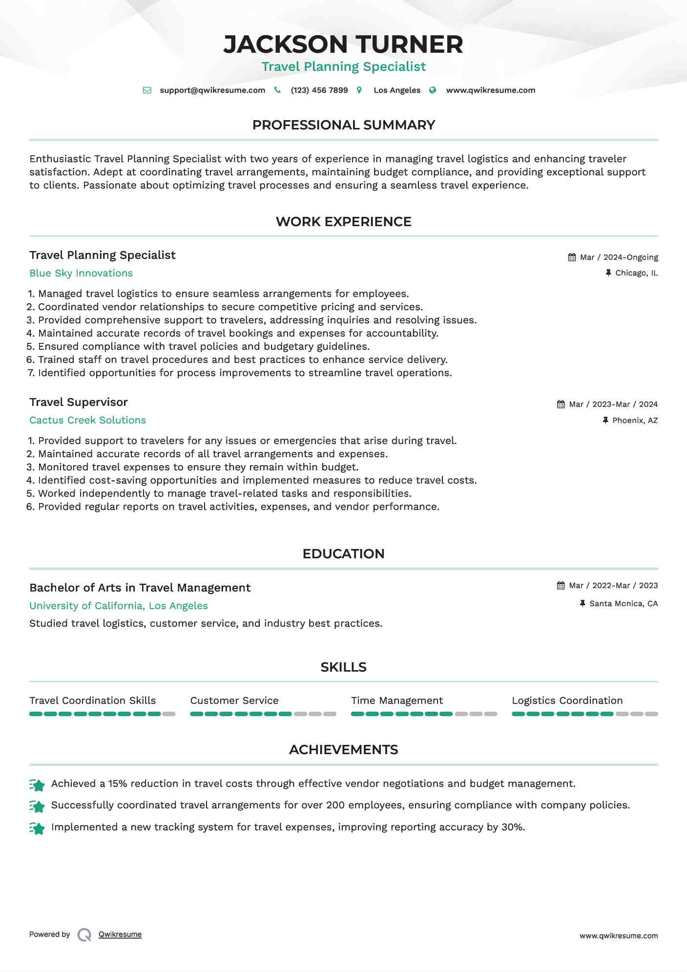 Travel Planning Specialist Resume Sample