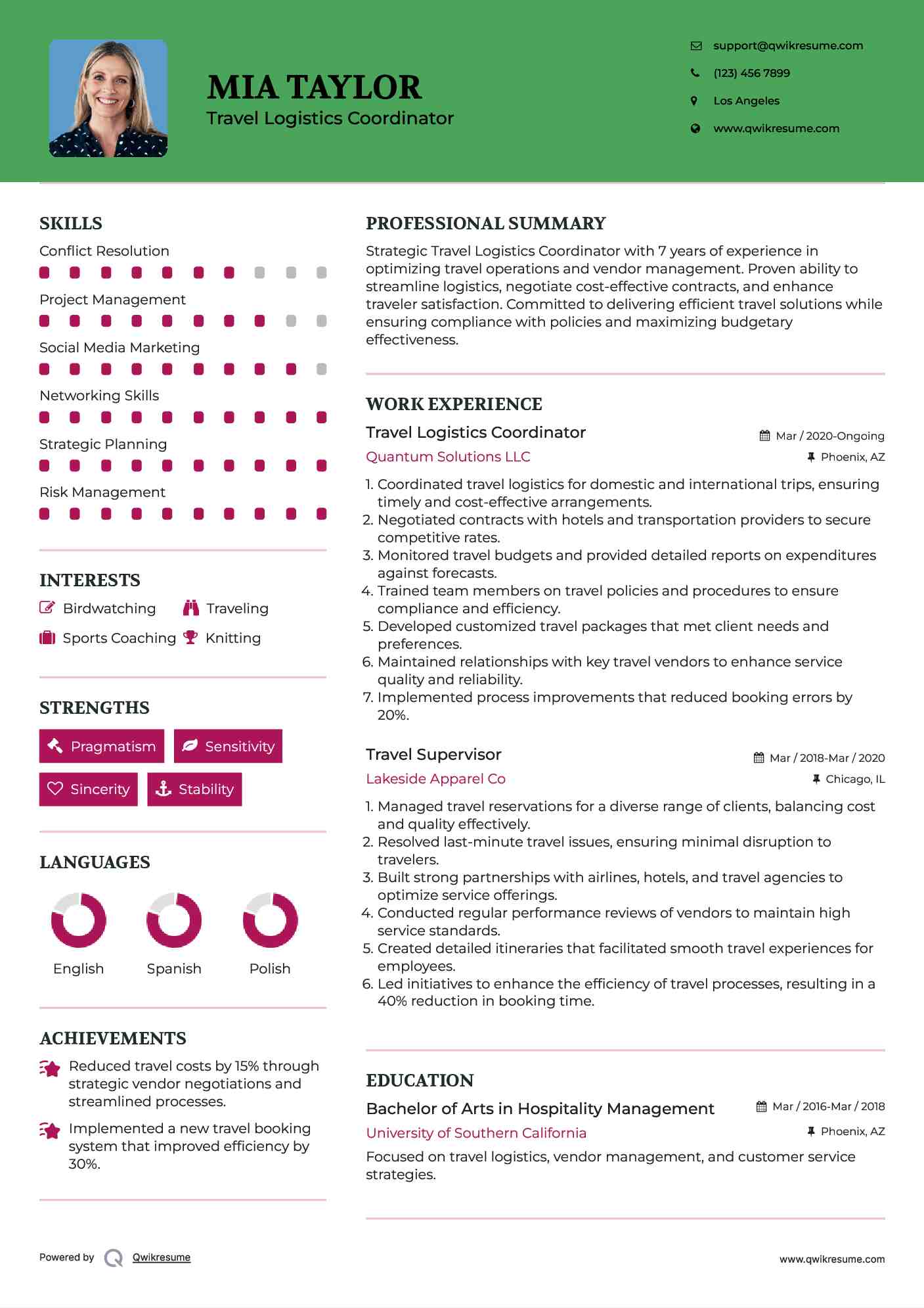 Travel Logistics Coordinator Resume Template