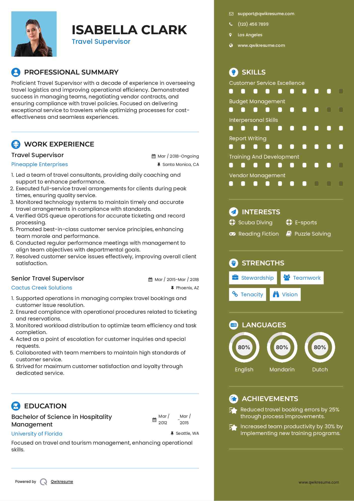 Travel Supervisor Resume Example