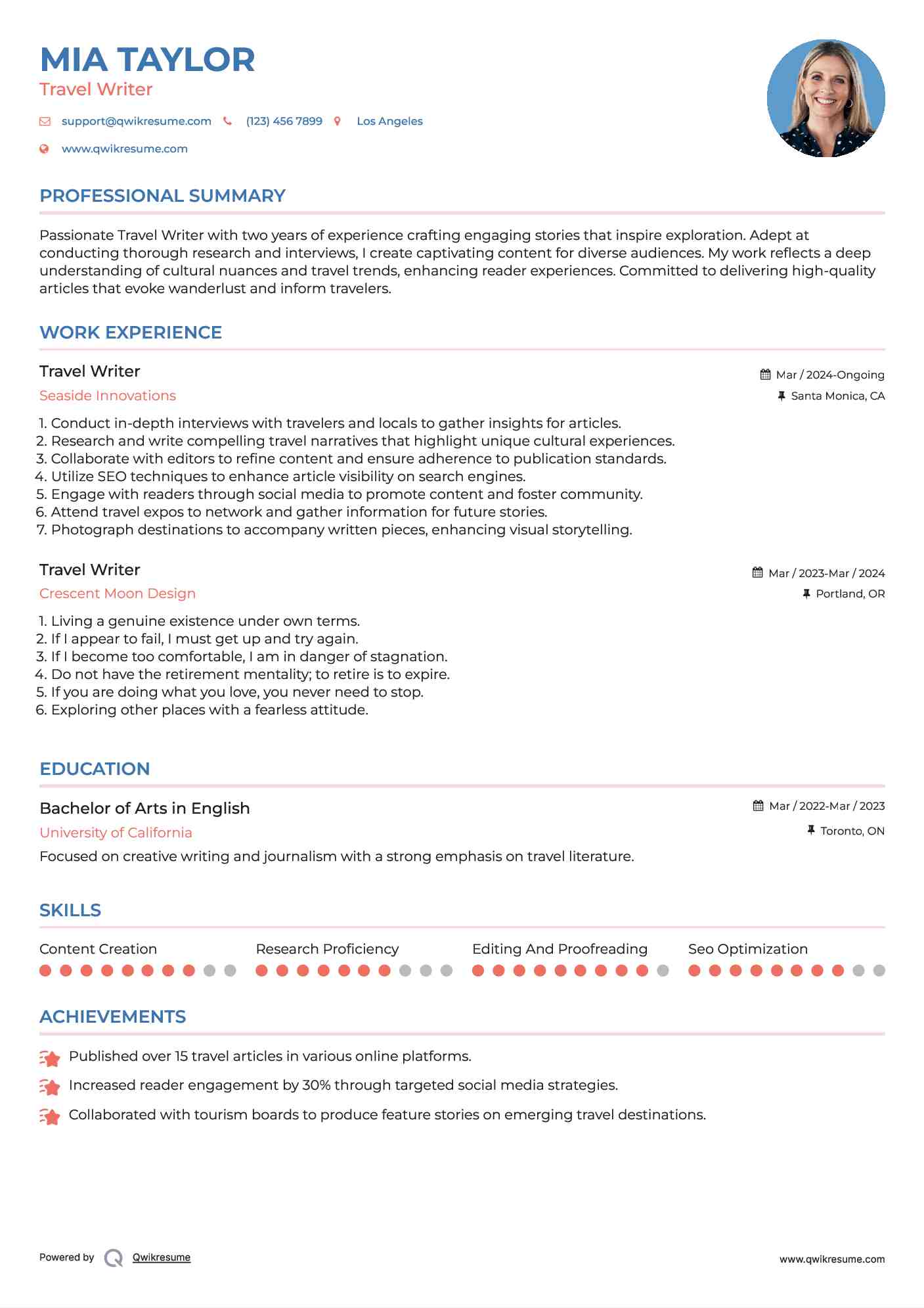 Travel Writer Resume Example