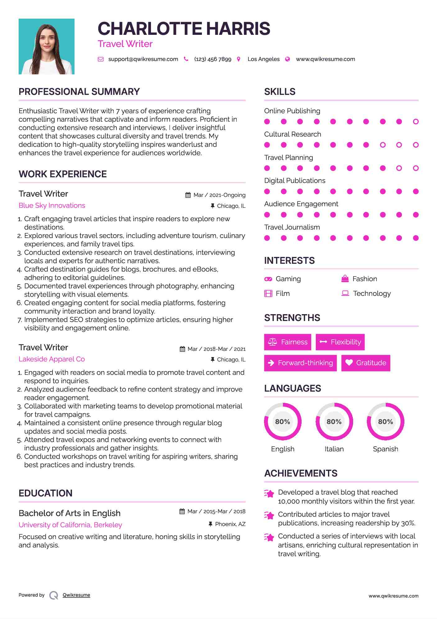 Travel Writer Resume Format