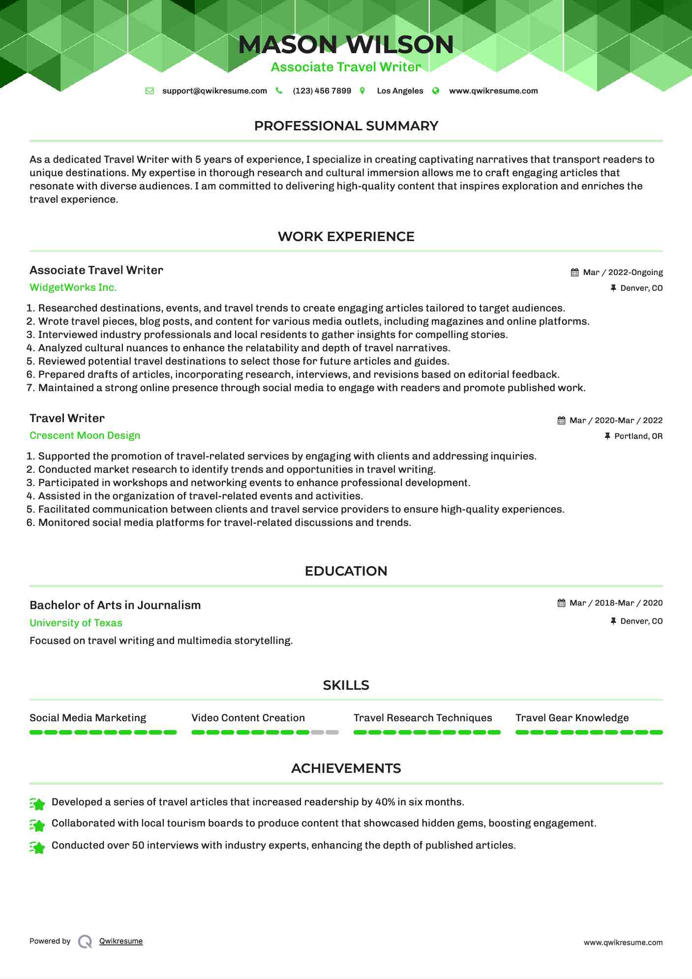 Associate Travel Writer Resume Example