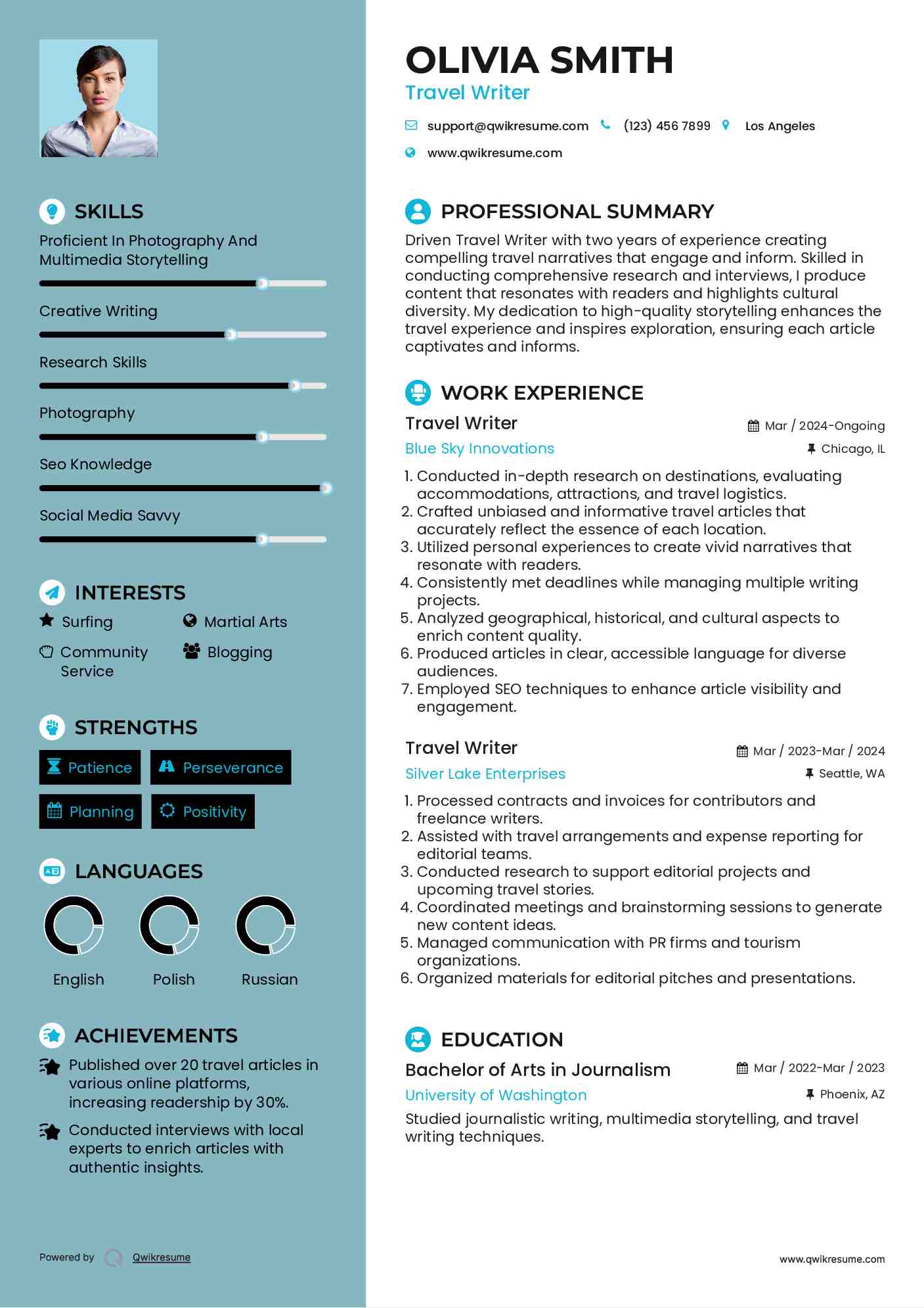 Travel Writer Resume Model