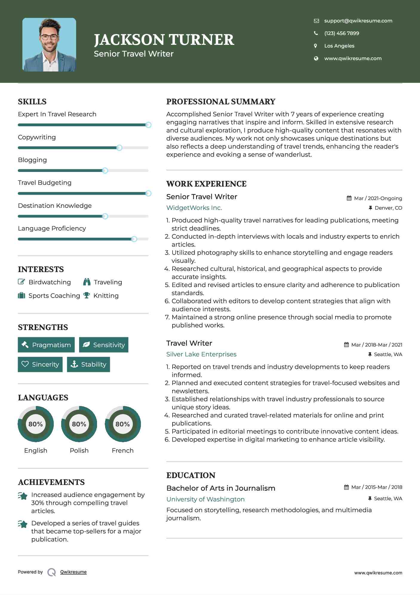 Senior Travel Writer Resume Format