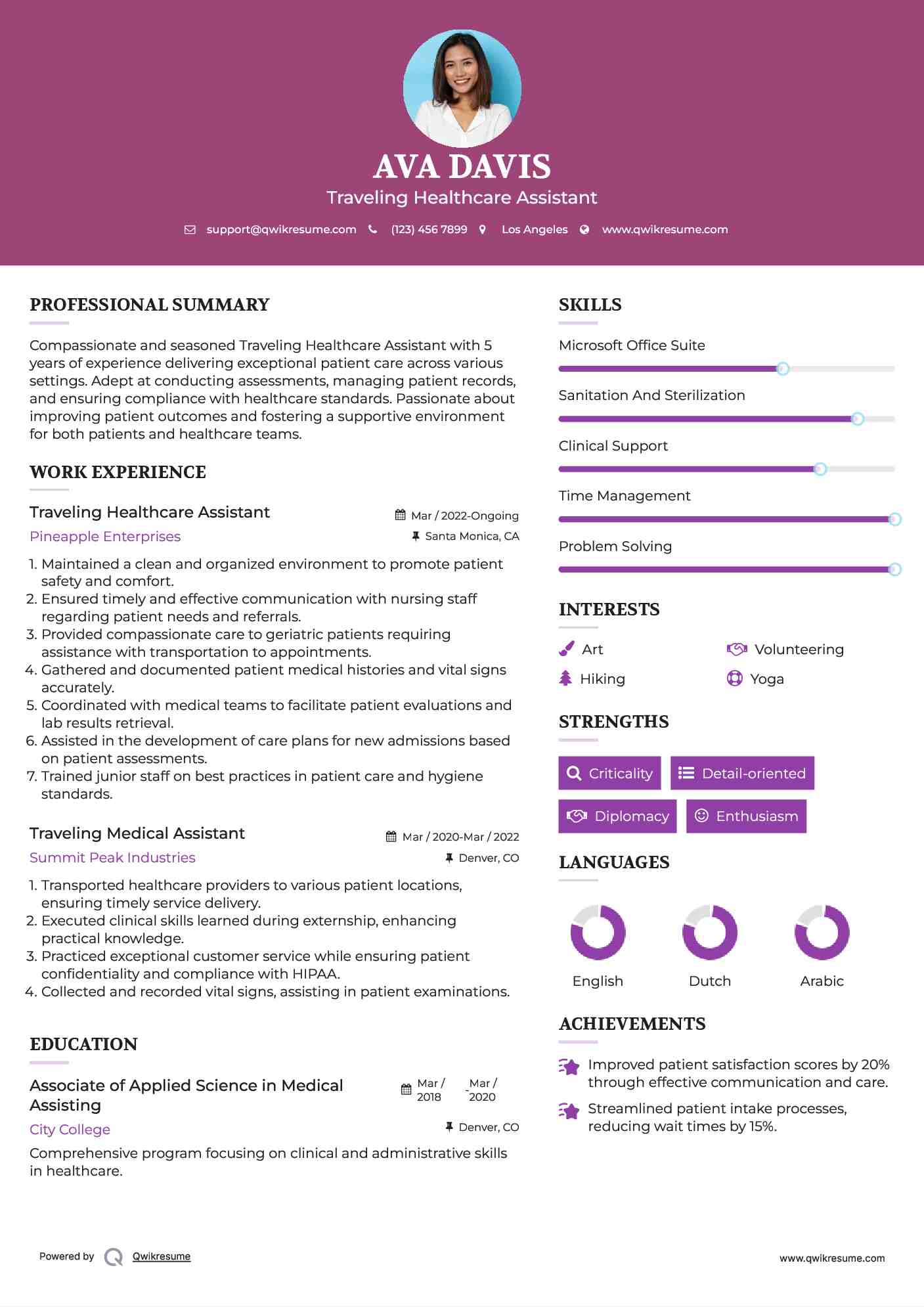 Traveling Healthcare Assistant Resume Sample